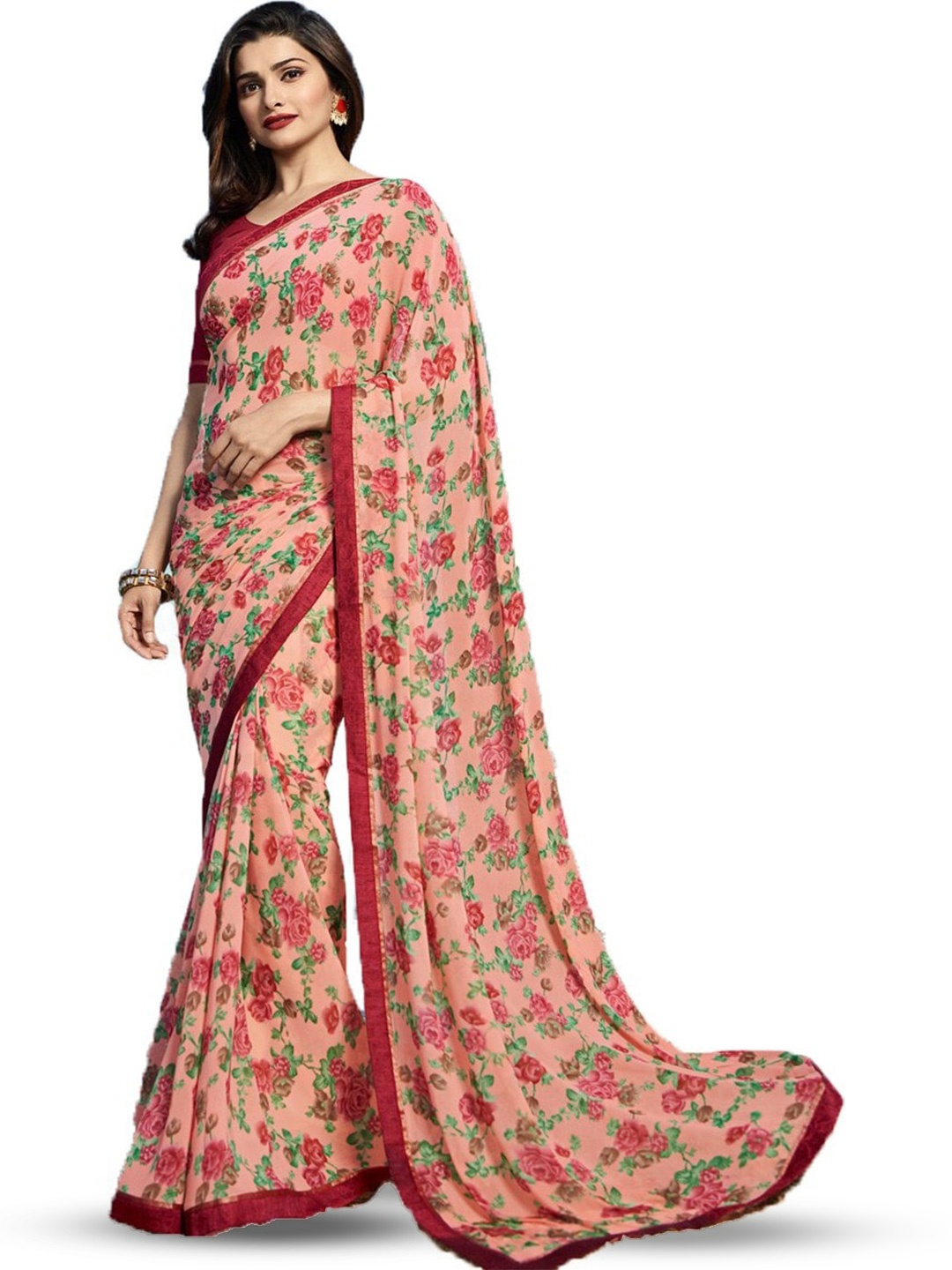 

ROOP SUNDARI SAREES Floral Printed Pure Georgette Saree, Pink