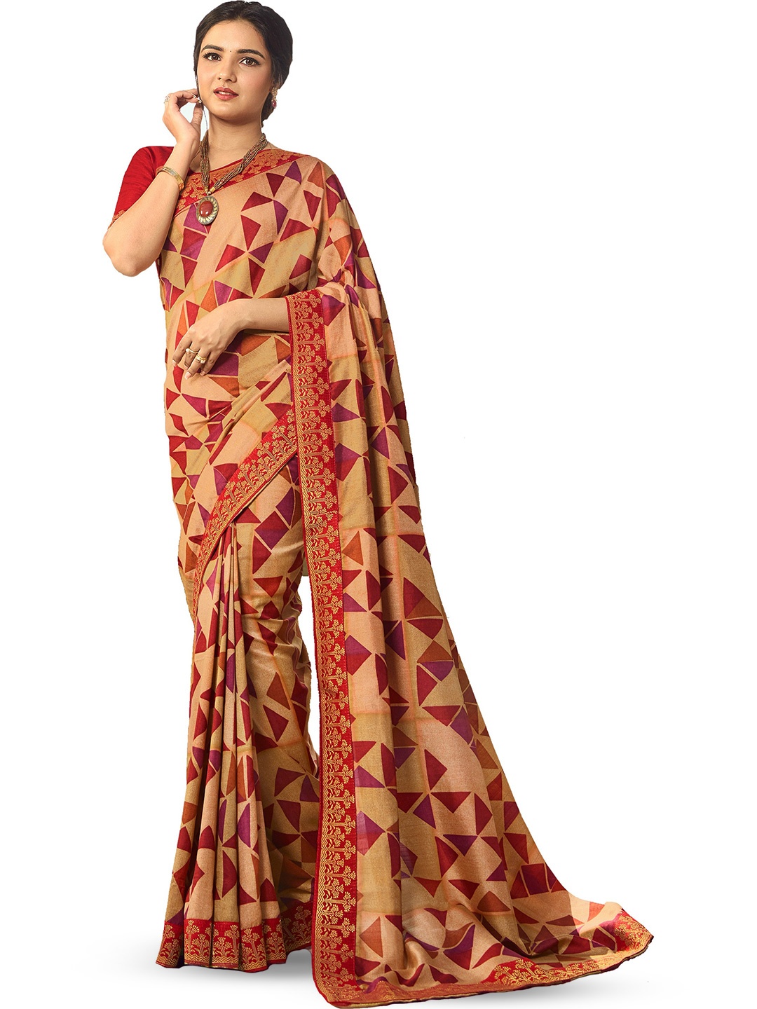 

ROOP SUNDARI SAREES Geometric Printed Pure Silk Saree, Cream