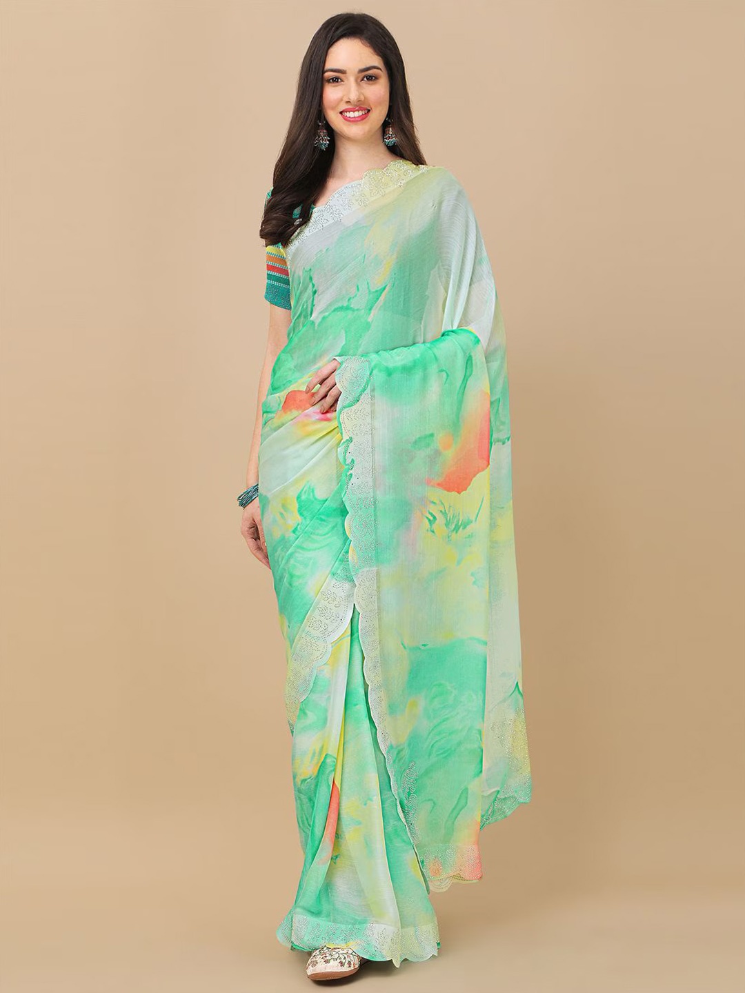 

ROOP SUNDARI SAREES Abstract Printed Embellished Border Pure Chiffon Saree, Turquoise blue