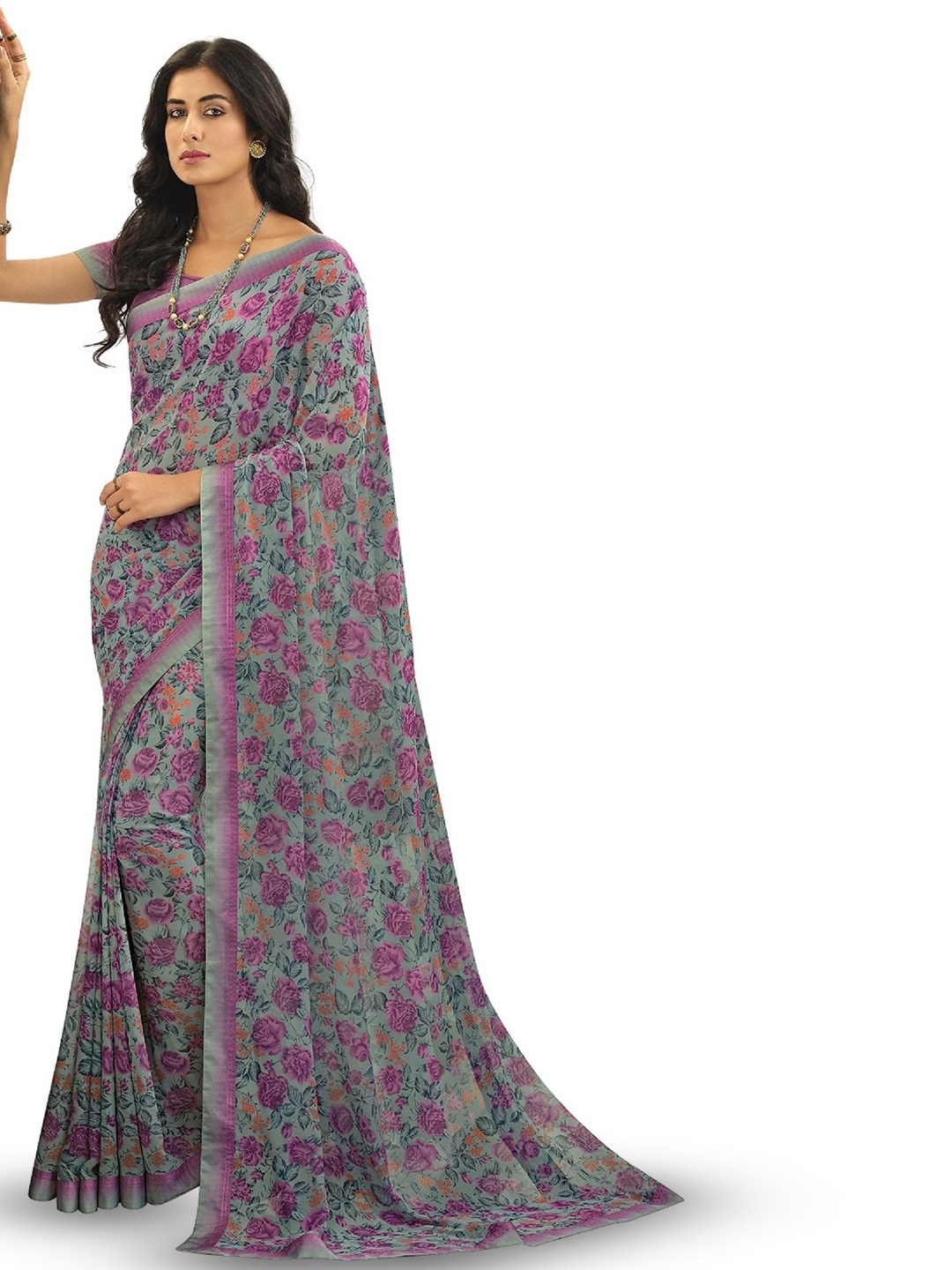 ROOP SUNDARI SAREES Floral Pure Georgette Saree, Grey