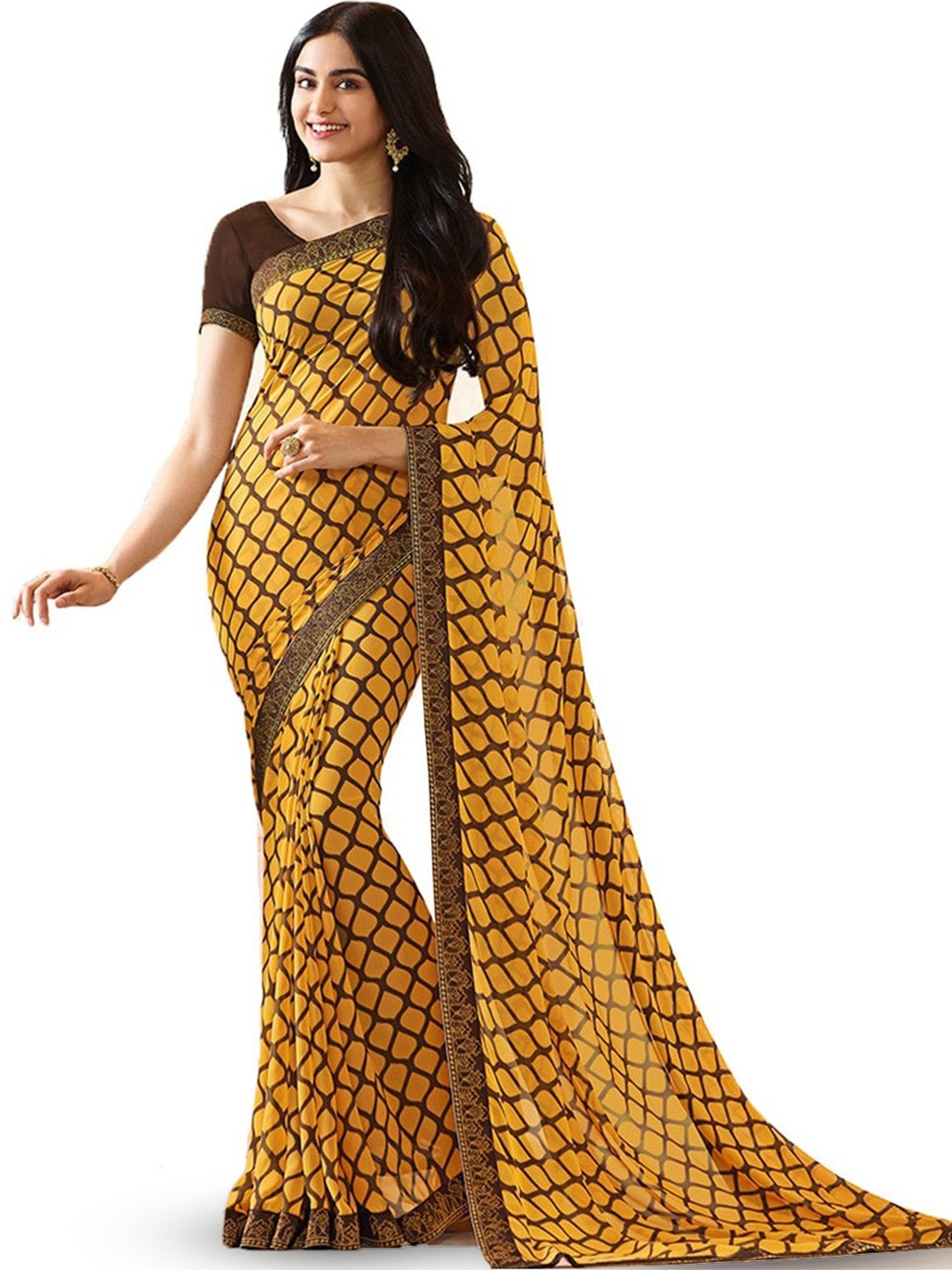 

ROOP SUNDARI SAREES Geometric Printed Pure Georgette Saree, Yellow