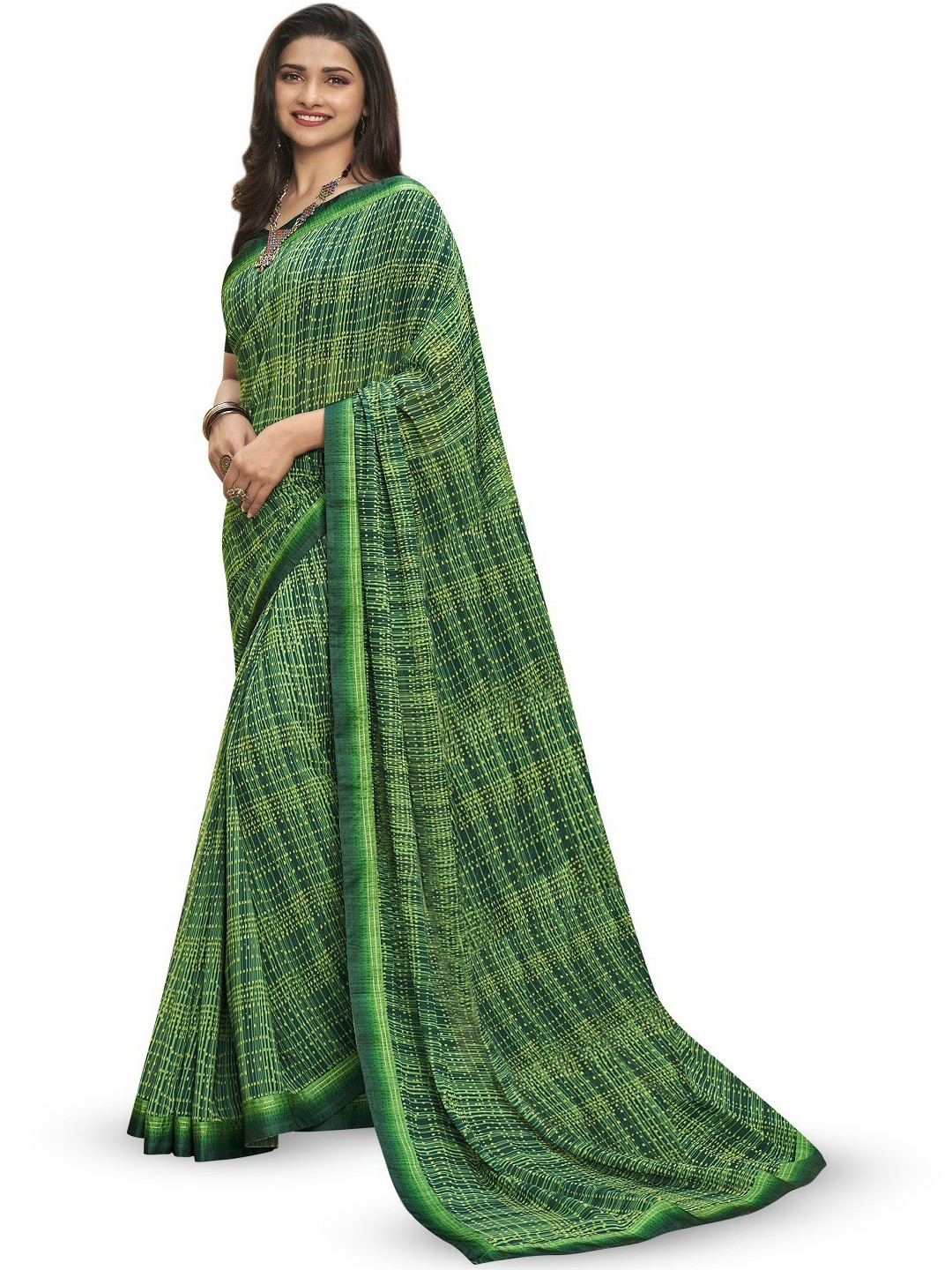 

ROOP SUNDARI SAREES Woven Design Striped Pure Georgette Saree, Green