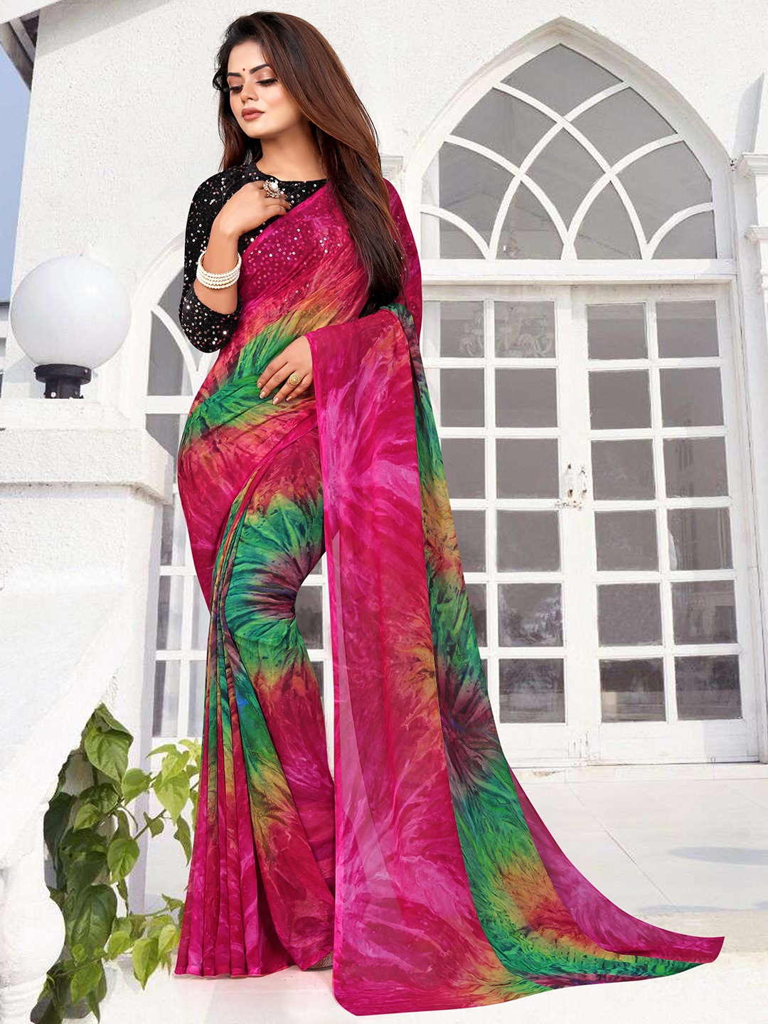 

ROOP SUNDARI SAREES Woven Design Floral Embellished Pure Georgette Saree, Pink