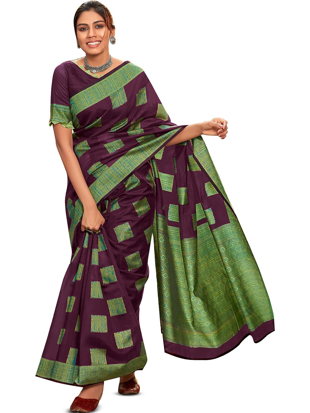 

ROOP SUNDARI SAREES Woven Design Checked Pure Georgette Saree, Purple