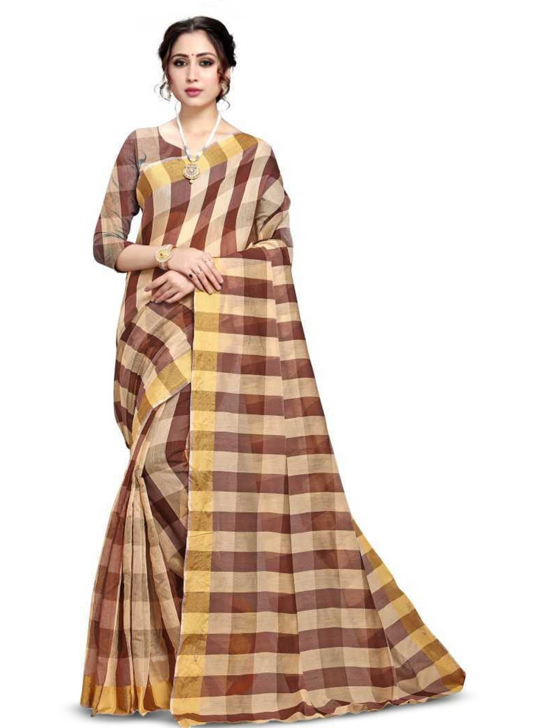 

ROOP SUNDARI SAREES Woven Design Checked Zari Georgette Saree, Brown