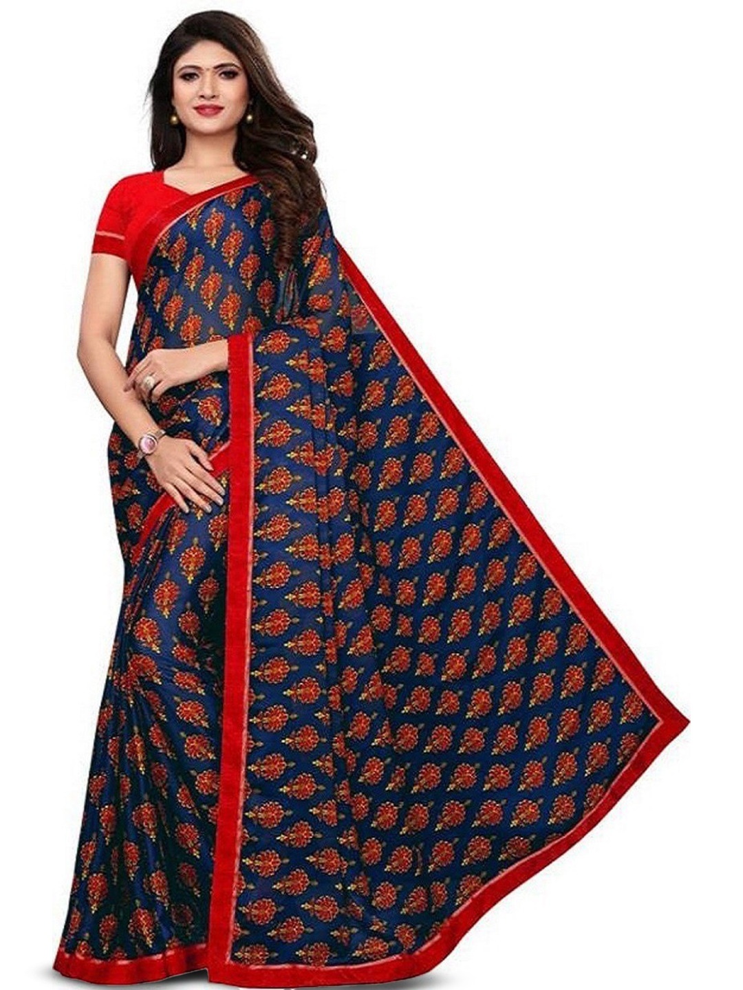 

ROOP SUNDARI SAREES Ethnic Motifs Printed Pure Silk Saree, Navy blue