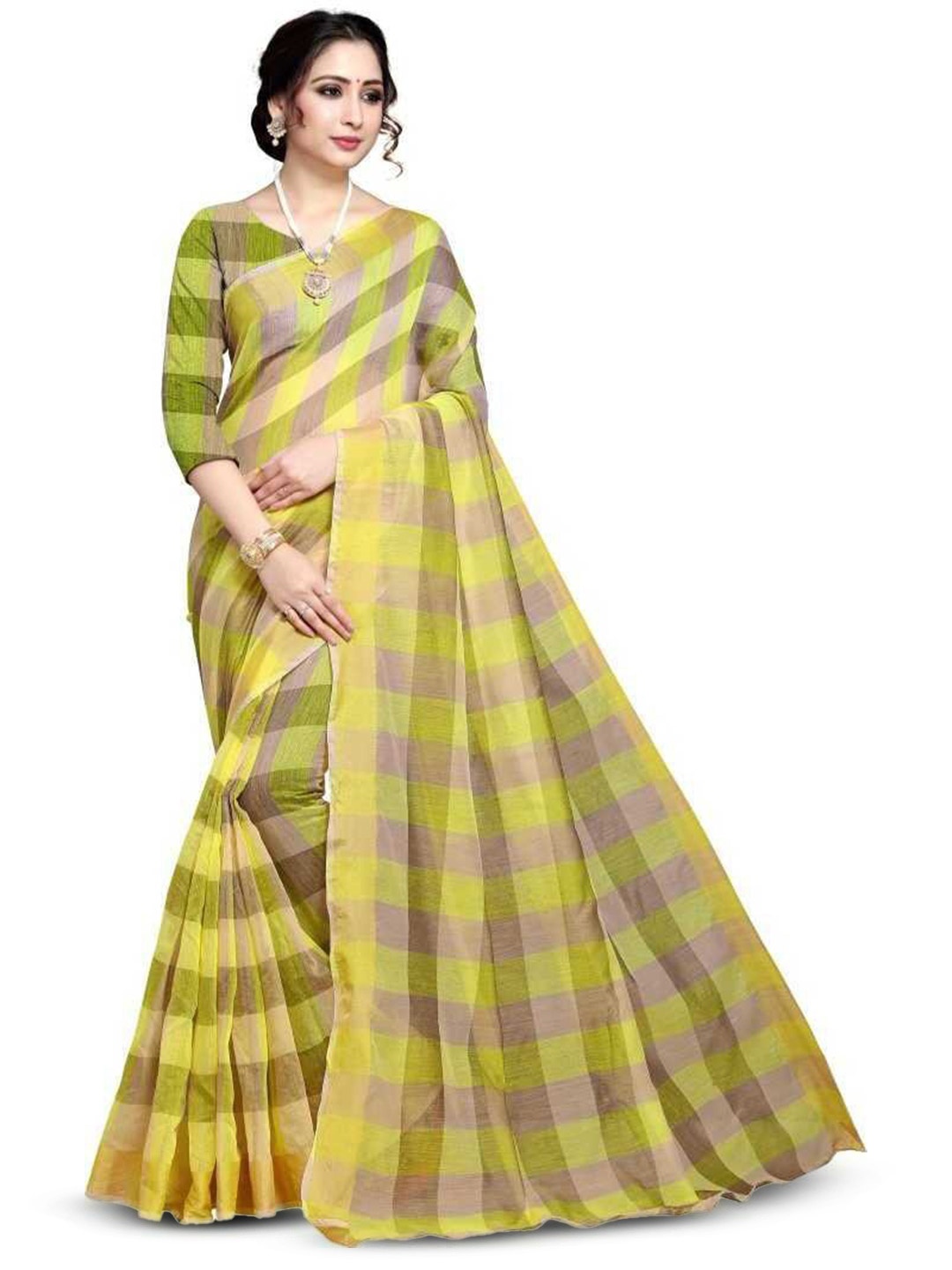 

ROOP SUNDARI SAREES Checked Woven Design Zari Saree, Yellow