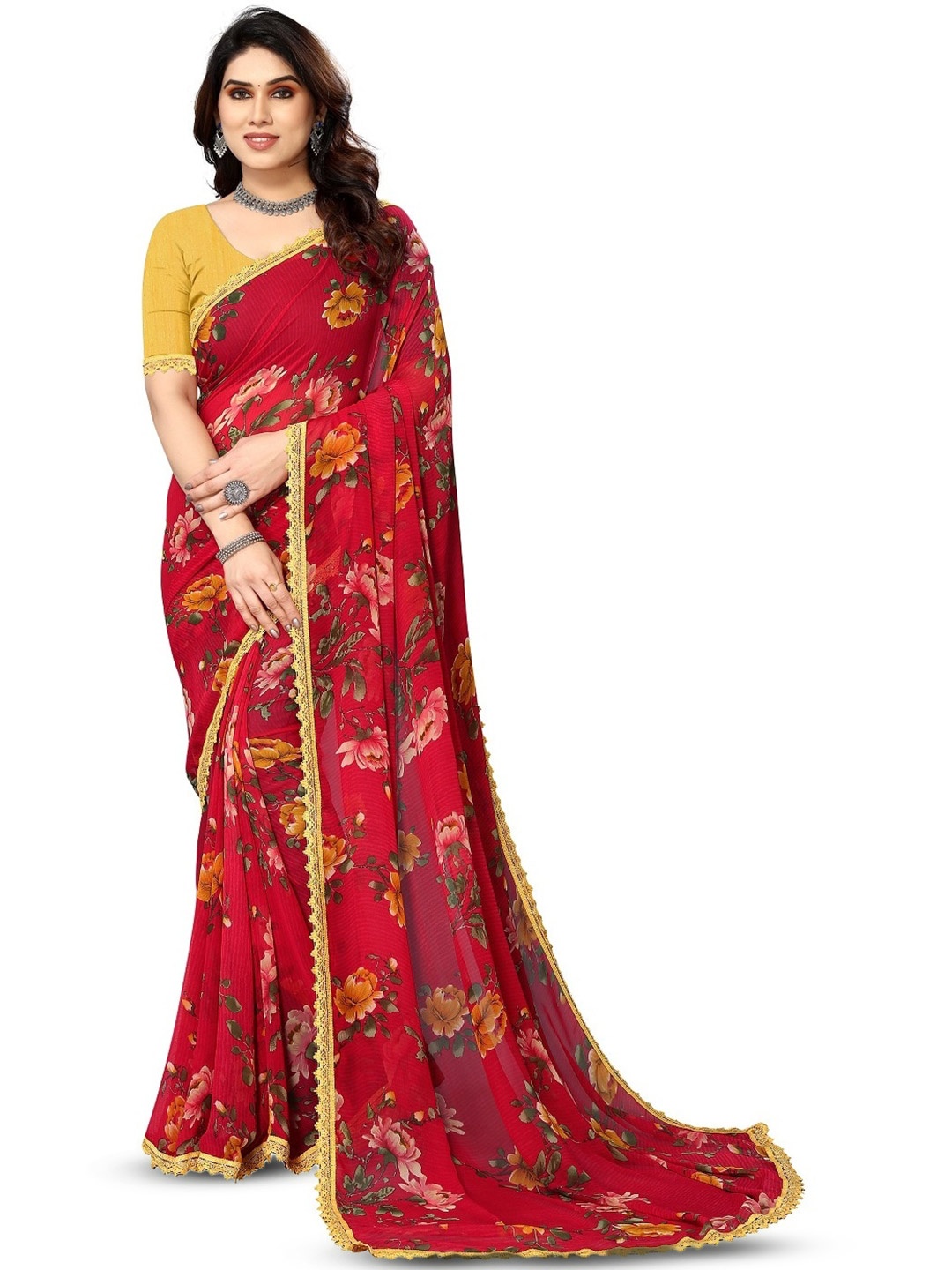 

ROOP SUNDARI SAREES Floral Pure Georgette Saree, Red