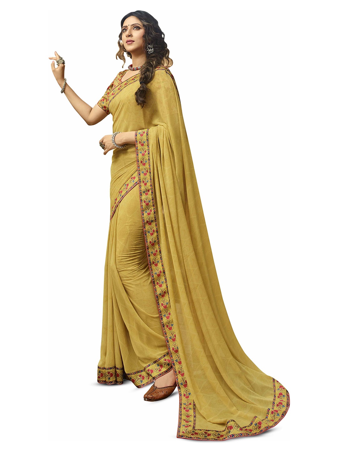 

ROOP SUNDARI SAREES Floral Pure Georgette Saree, Yellow