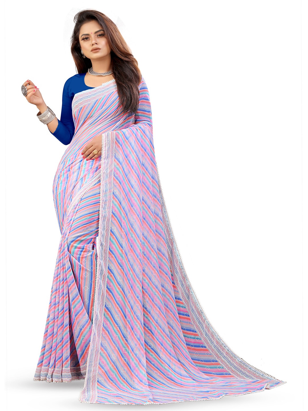 

ROOP SUNDARI SAREES Striped Pure Georgette Saree, Purple