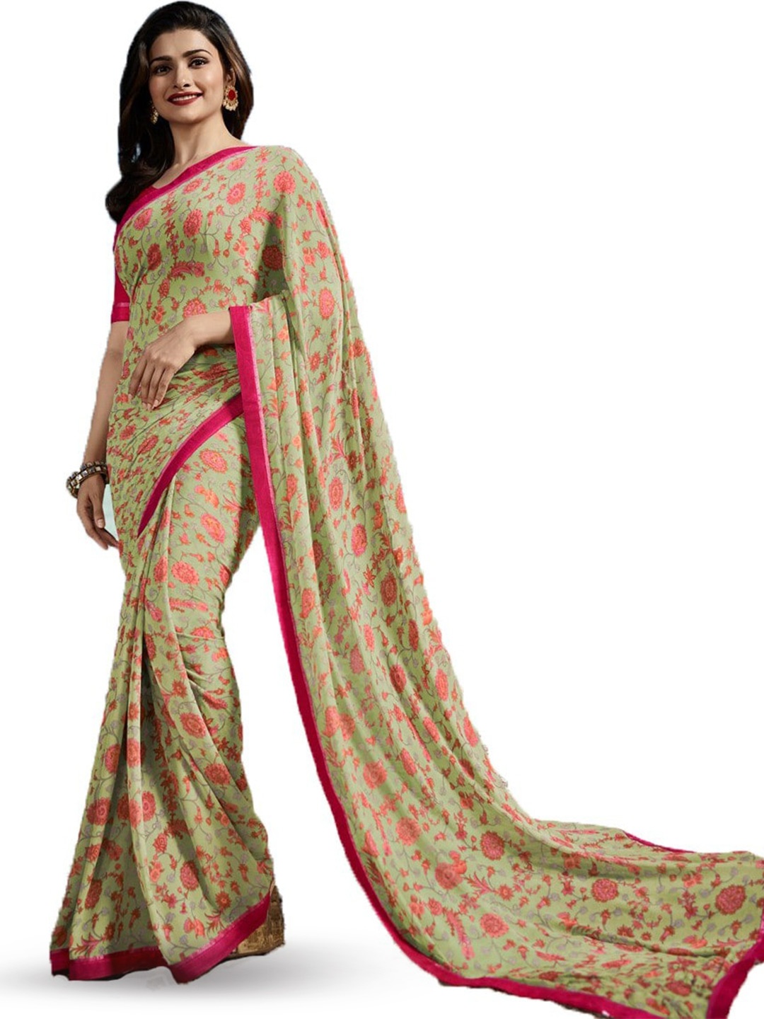 

ROOP SUNDARI SAREES Floral Printed Pure Georgette Saree, Green