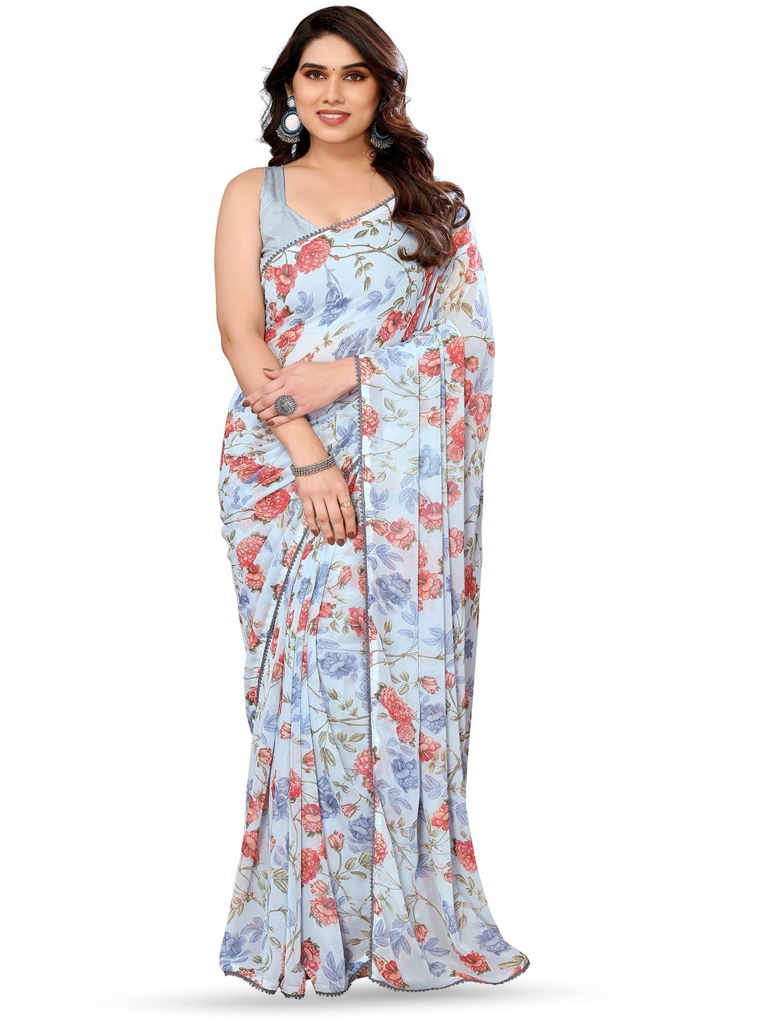 

ROOP SUNDARI SAREES Floral Printed Pure Georgette Saree, Grey