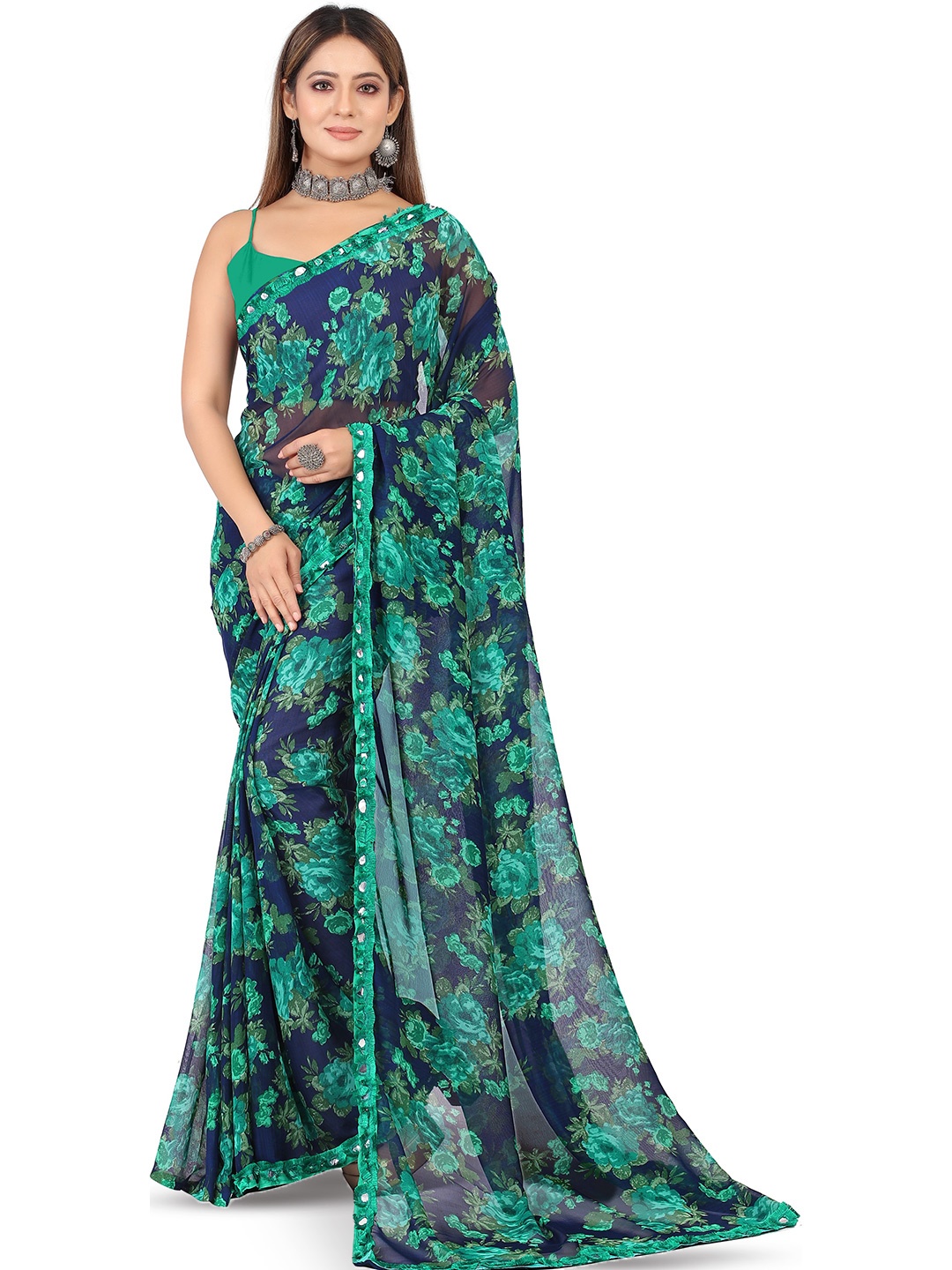 

ROOP SUNDARI SAREES Floral Mirror Work Pure Georgette Saree, Turquoise blue