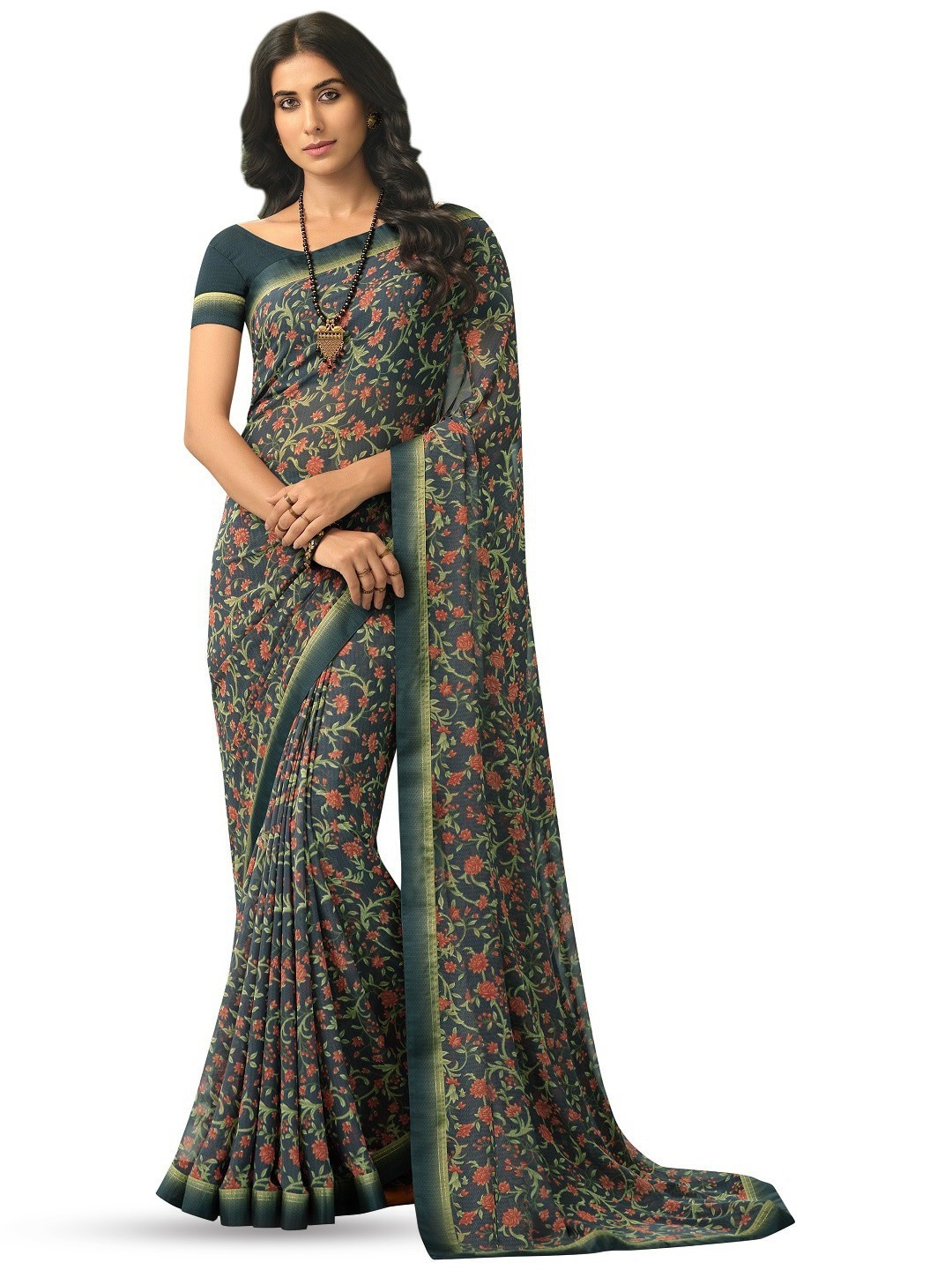 ROOP SUNDARI SAREES Floral Printed Pure Georgette Saree, Green