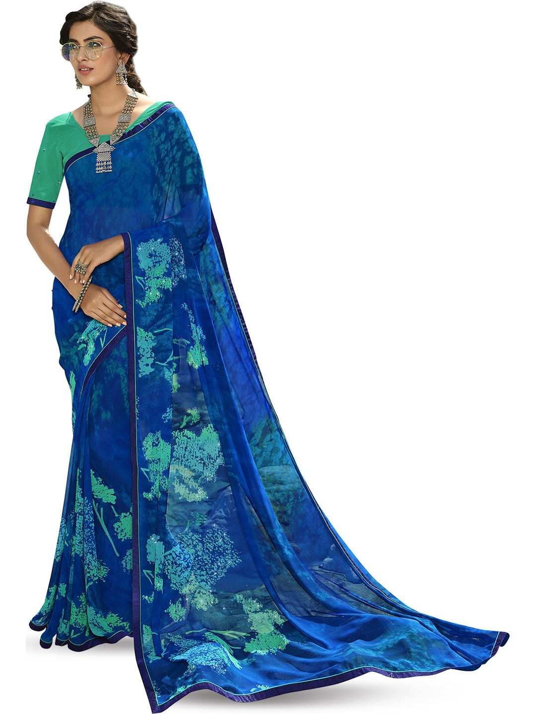 

ROOP SUNDARI SAREES Floral Printed Pure Georgette Saree, Blue
