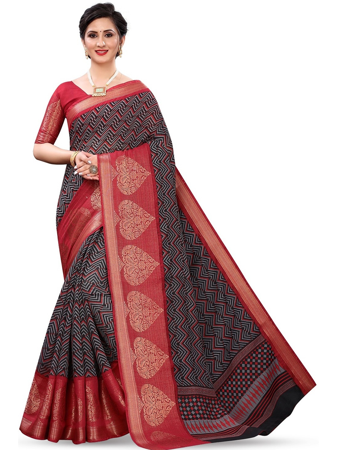 

ROOP SUNDARI SAREES Ethnic Motifs Printed Cotton Saree, Black