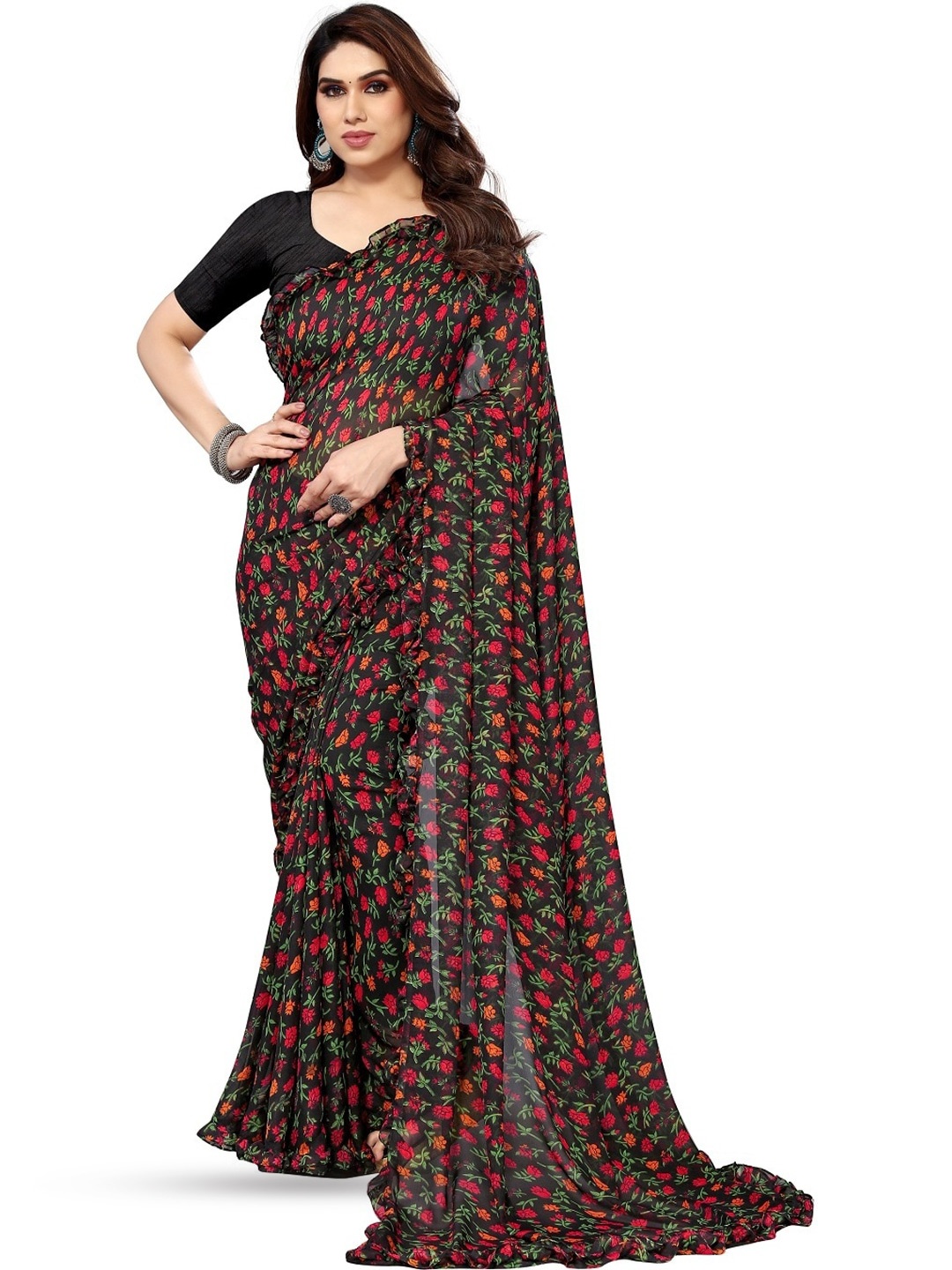 

ROOP SUNDARI SAREES Floral Printed Pure Georgette Saree, Black