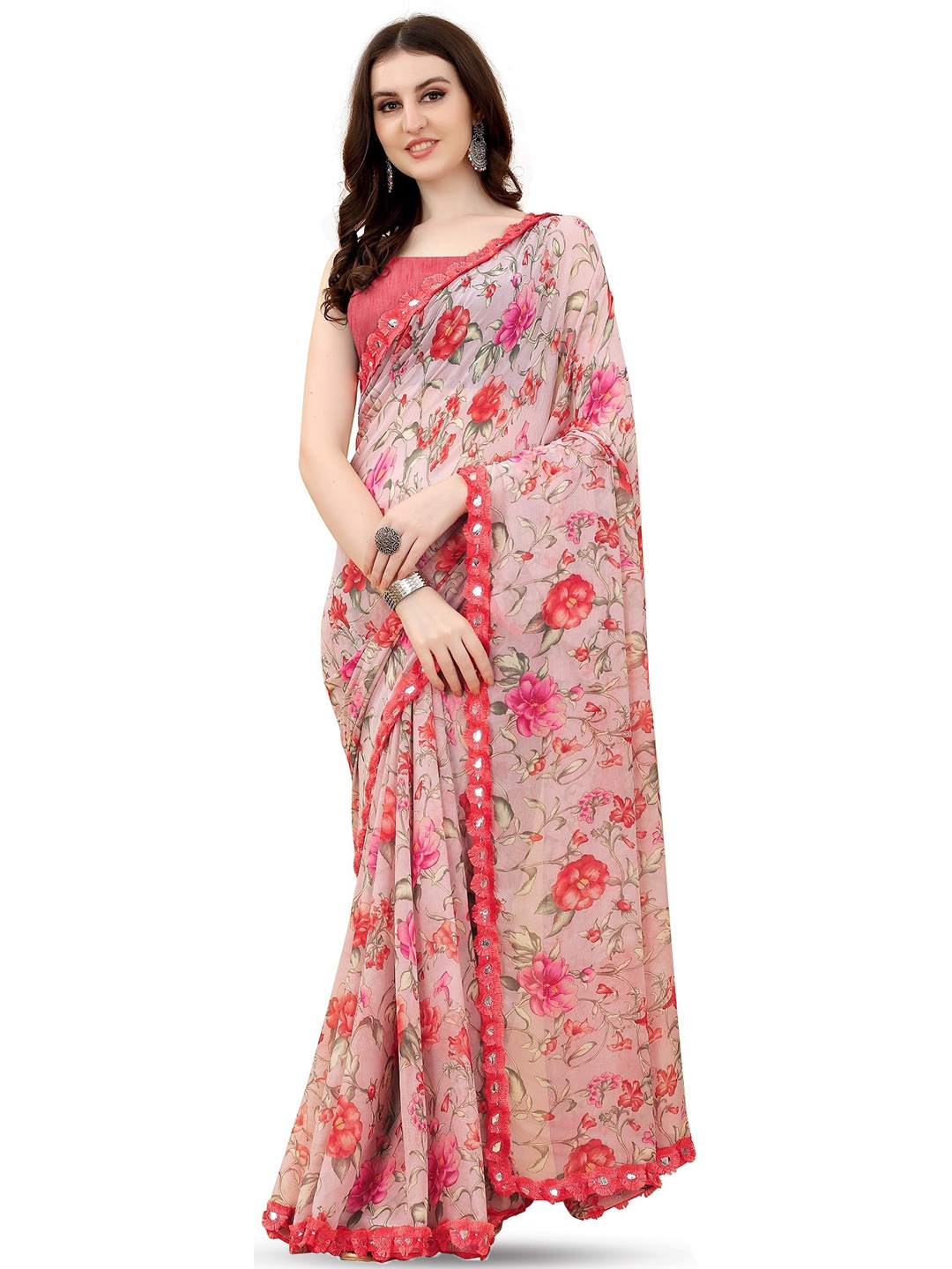 ROOP SUNDARI SAREES Floral Printed Mirror Work Pure Georgette Saree, Grey