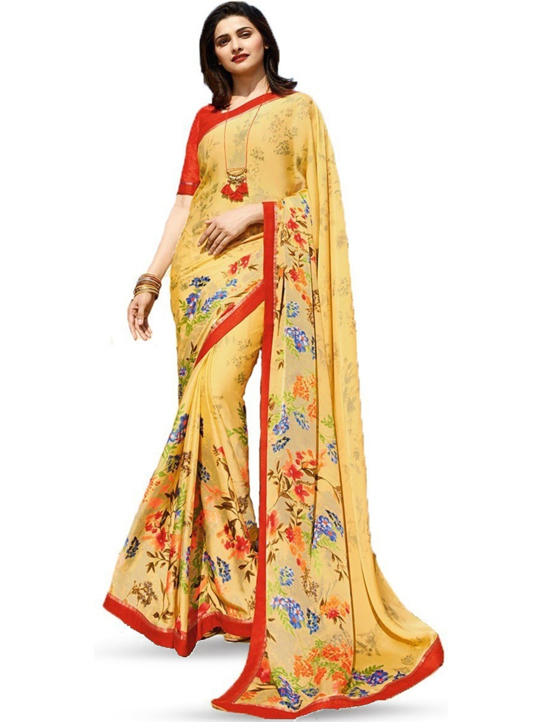 

ROOP SUNDARI SAREES Floral Printed Pure Georgette Saree, Yellow