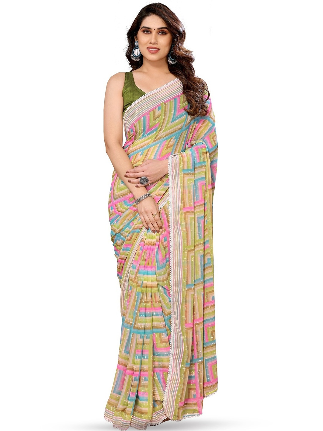 

ROOP SUNDARI SAREES Geometric Printed Pure Georgette Saree, Green