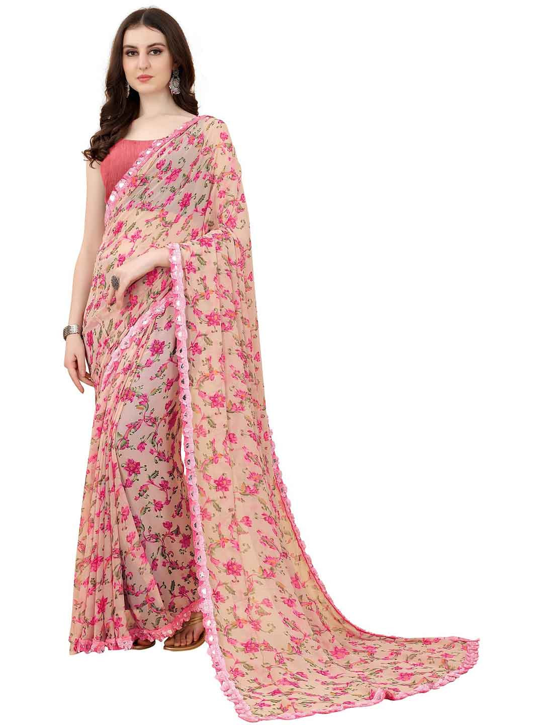 

ROOP SUNDARI SAREES Floral Printed Mirror Work Pure Georgette Saree, Pink