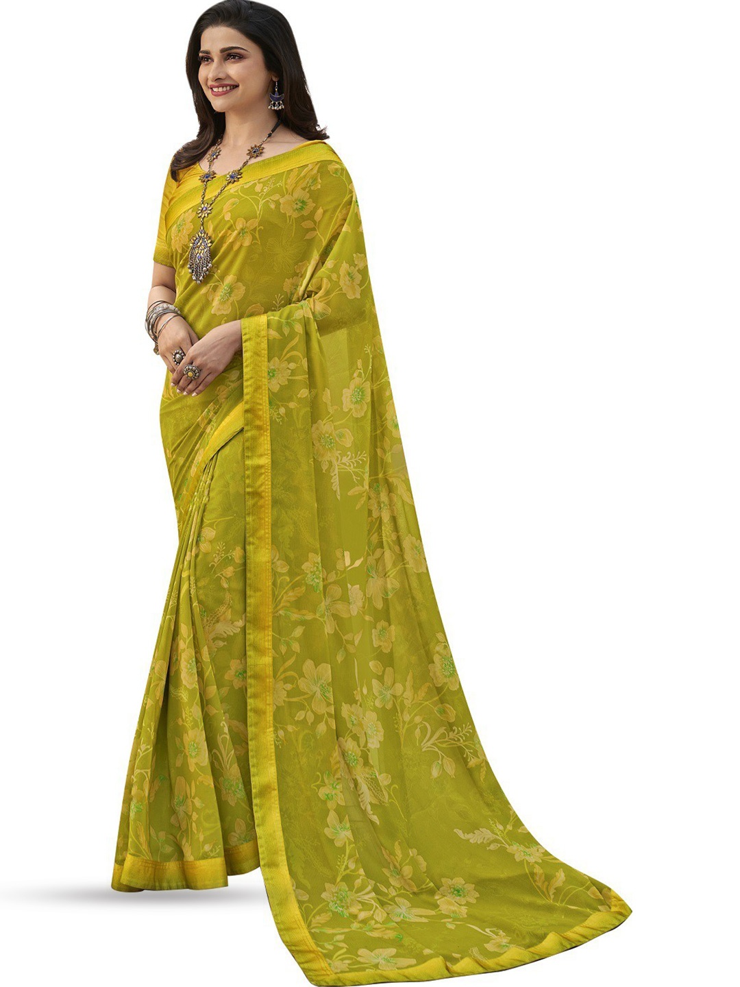 

ROOP SUNDARI SAREES Floral Pure Georgette Saree, Green
