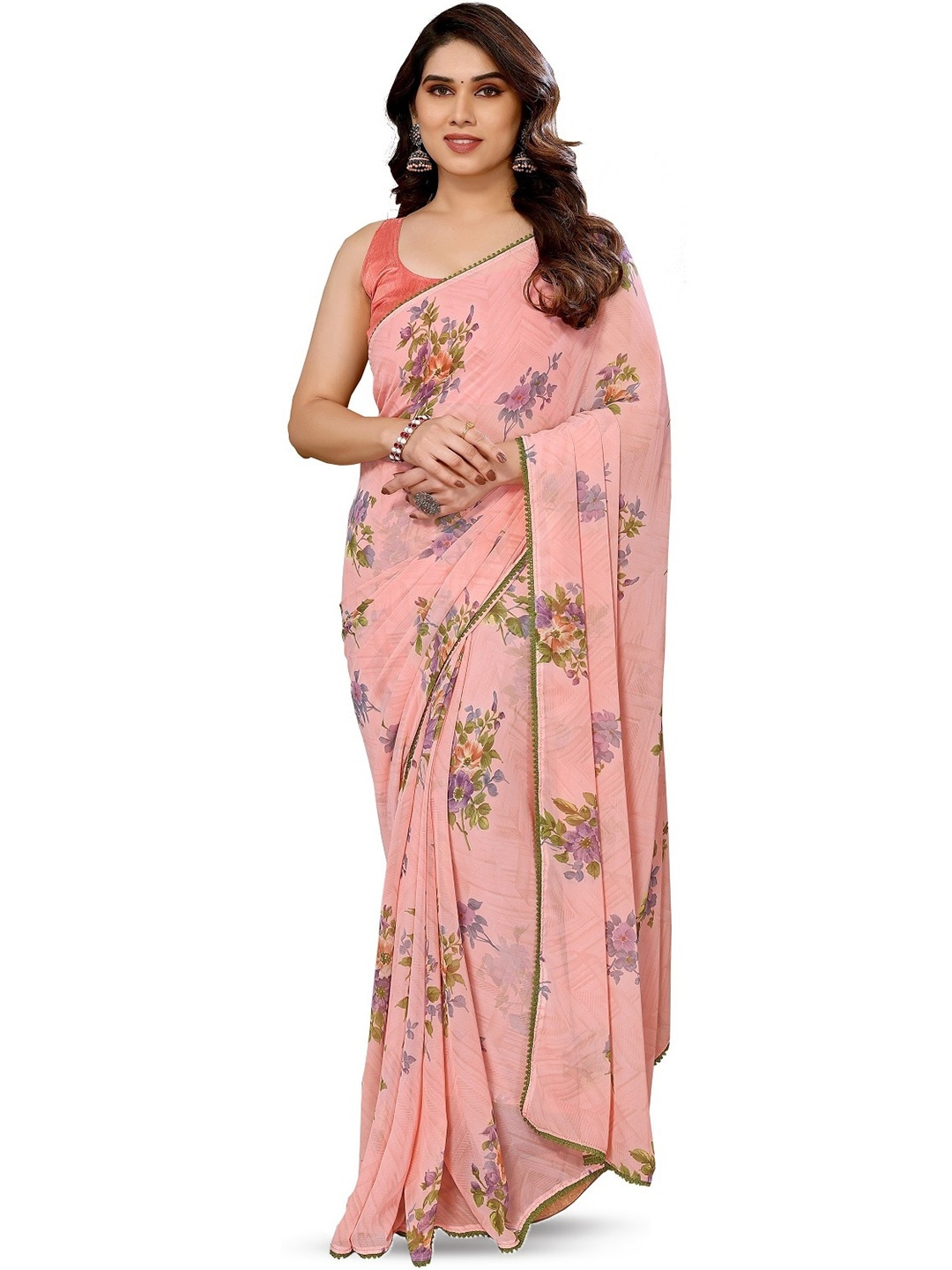 

ROOP SUNDARI SAREES Floral Printed Embroidered Pure Georgette Saree, Peach