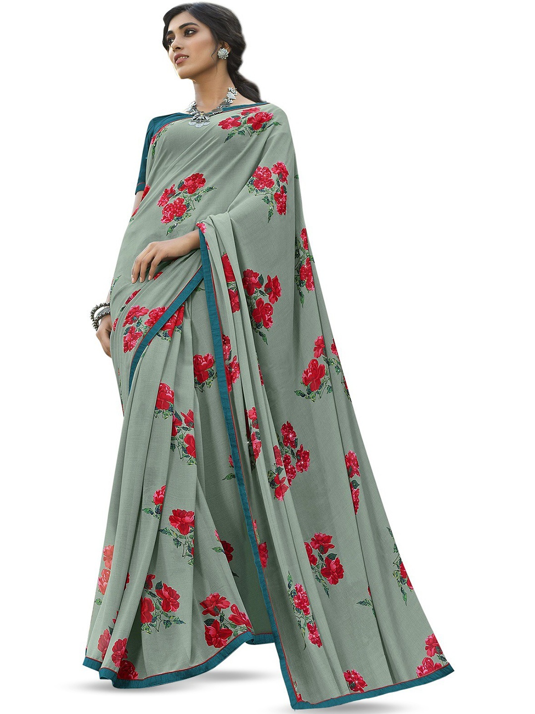 

ROOP SUNDARI SAREES Floral Pure Georgette Saree, Grey
