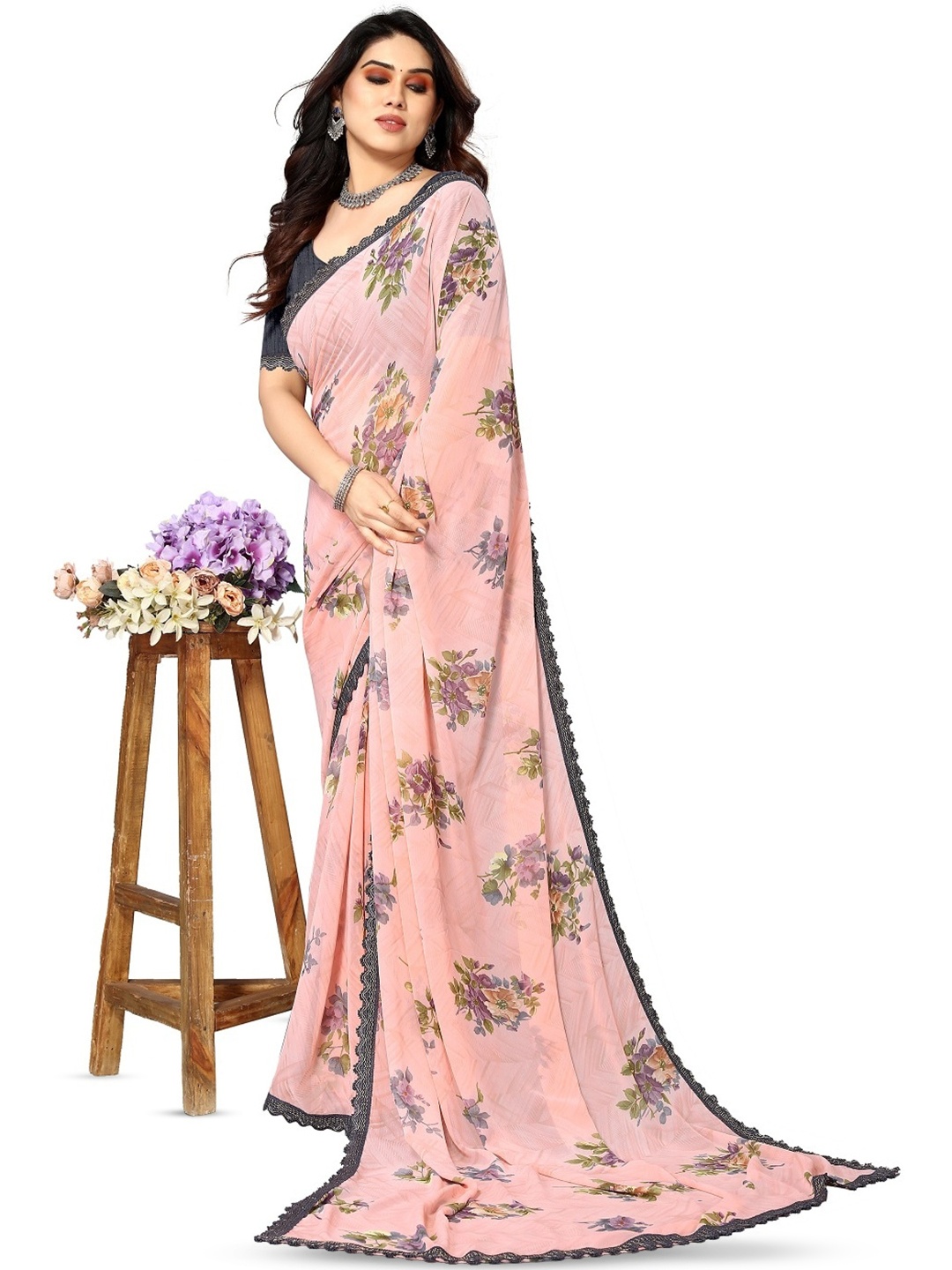 

ROOP SUNDARI SAREES Floral Pure Georgette Saree, Peach