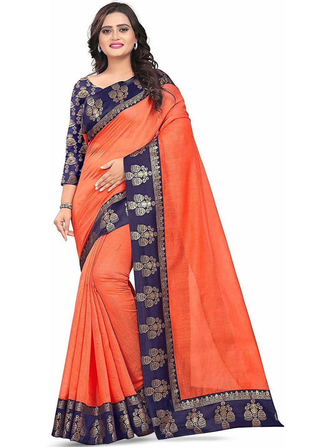 

ROOP SUNDARI SAREES Floral Print Zari Saree, Orange