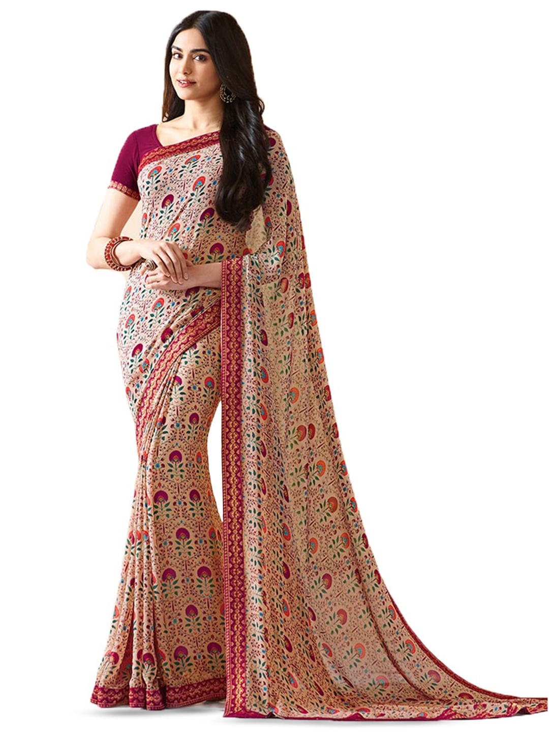 

ROOP SUNDARI SAREES Floral Print Pure Georgette Saree, Beige