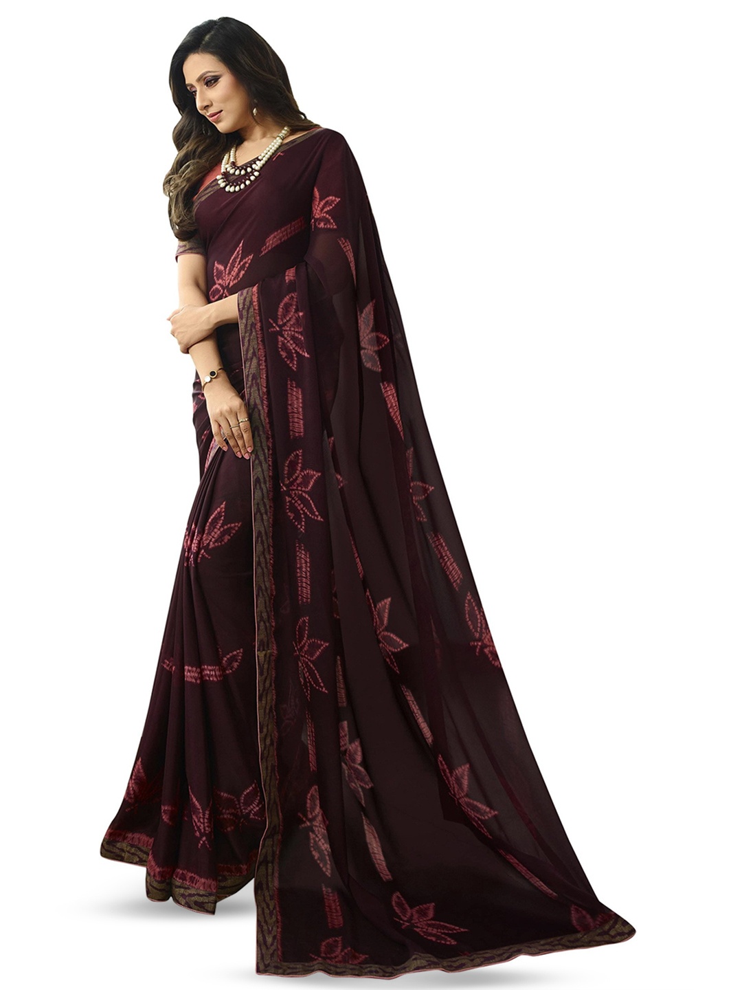 

ROOP SUNDARI SAREES Floral Print Pure Silk Saree, Burgundy