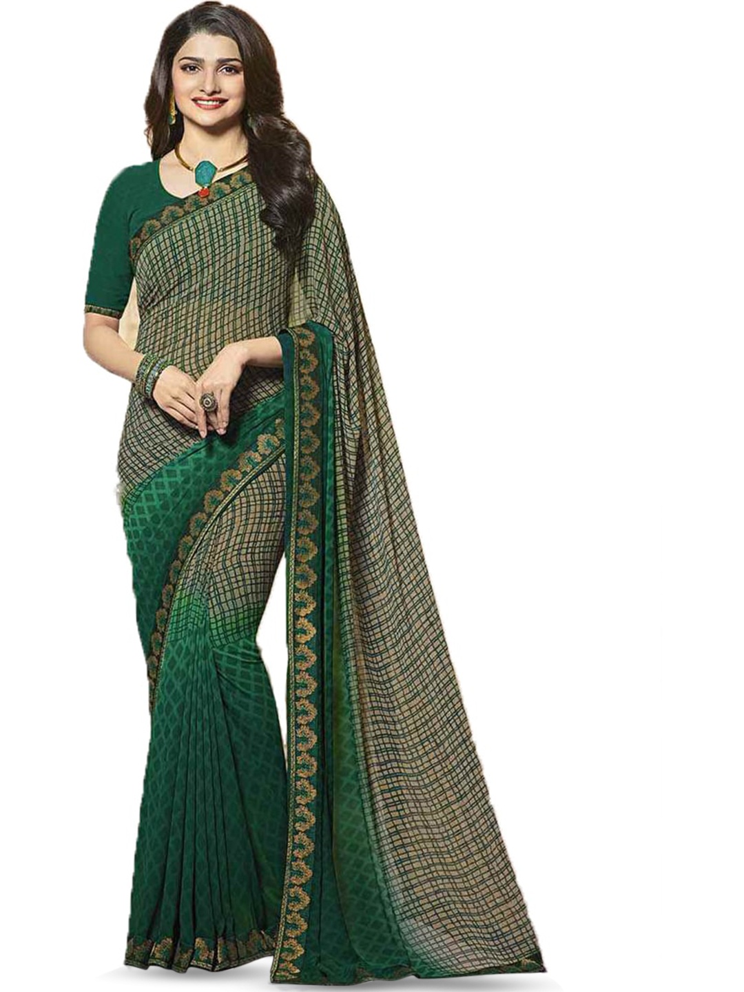 

ROOP SUNDARI SAREES Geometric Printed Pure Georgette Saree, Green