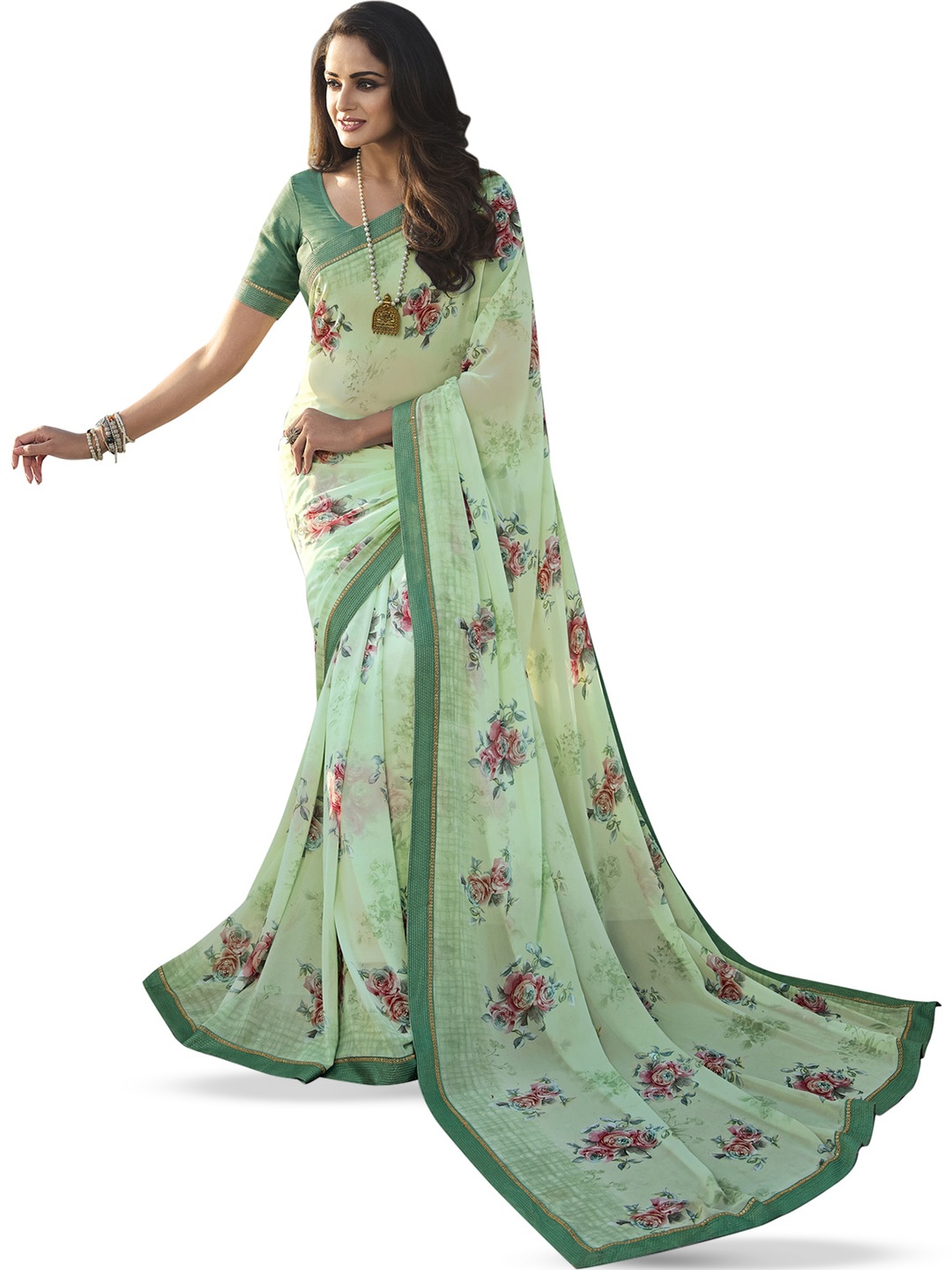 ROOP SUNDARI SAREES Floral Print Pure Georgette Saree, Green