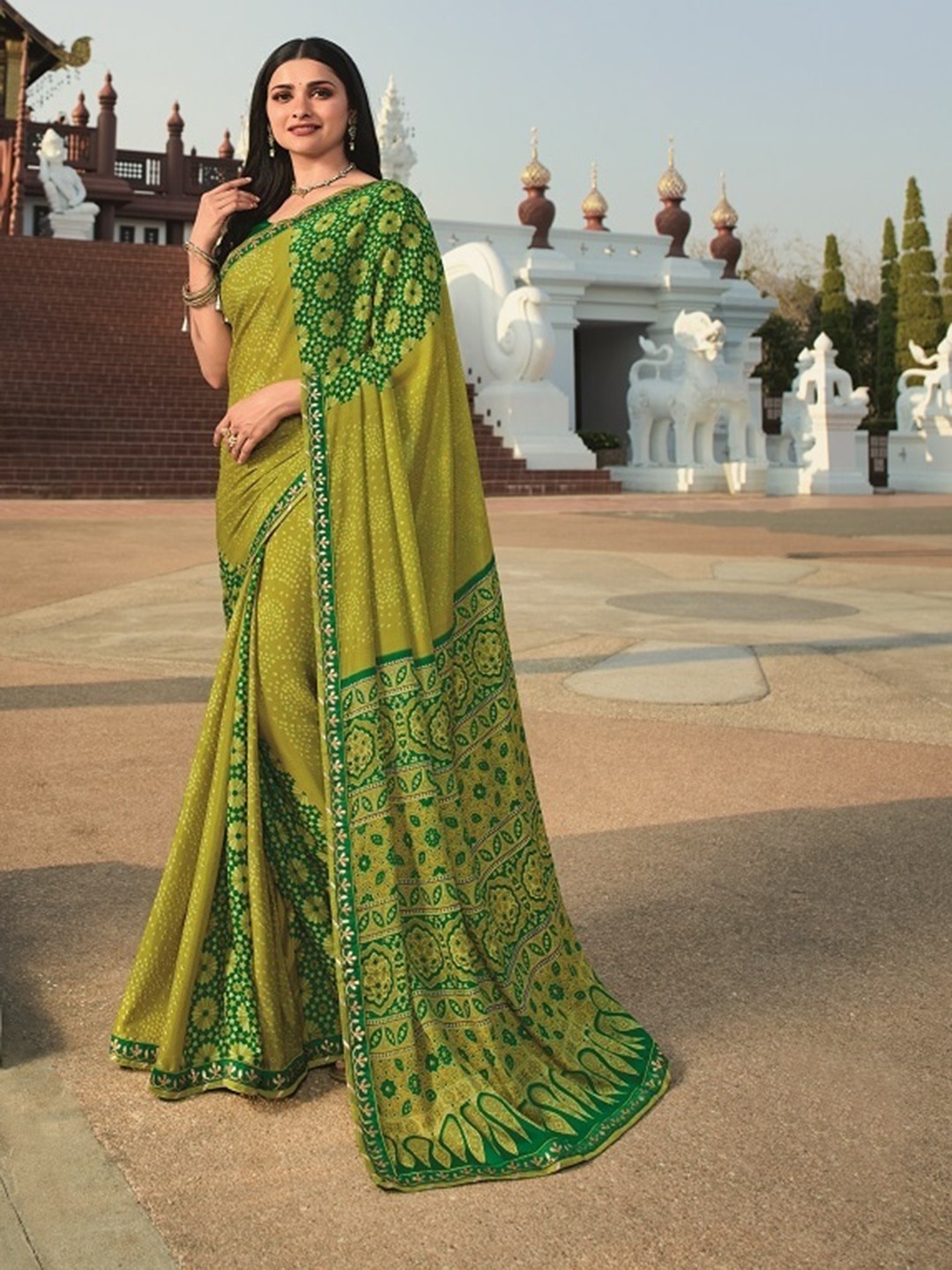 

ROOP SUNDARI SAREES Ethnic Motifs Printed Embroidered Georgette Saree, Green