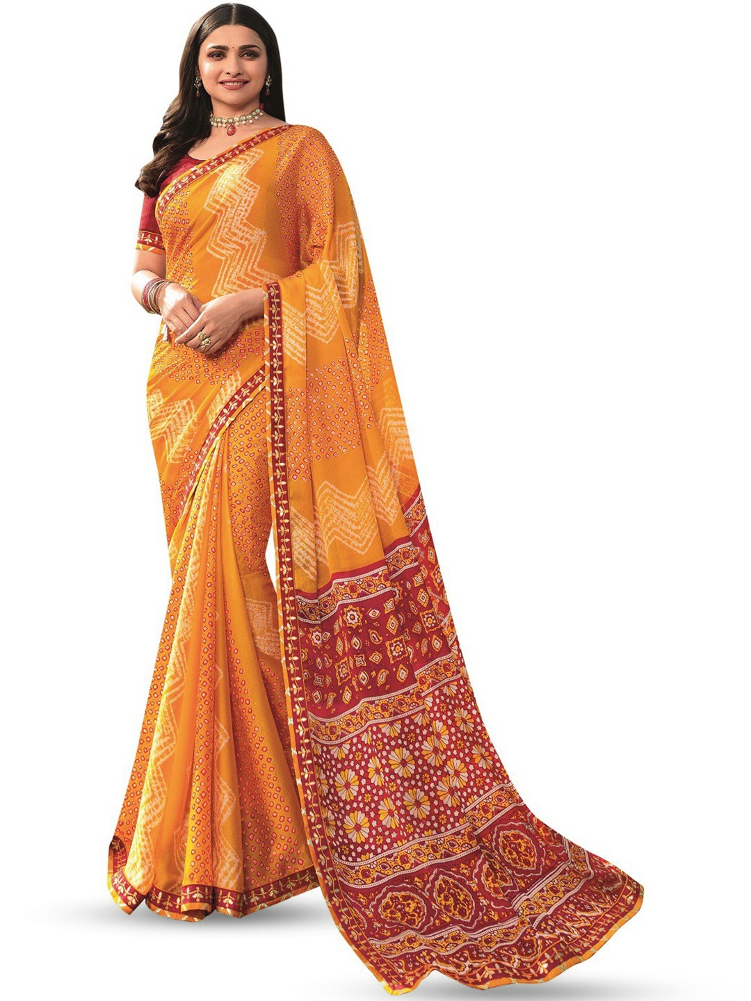 

ROOP SUNDARI SAREES Geometric Printed Embroidered Georgette Saree, Yellow