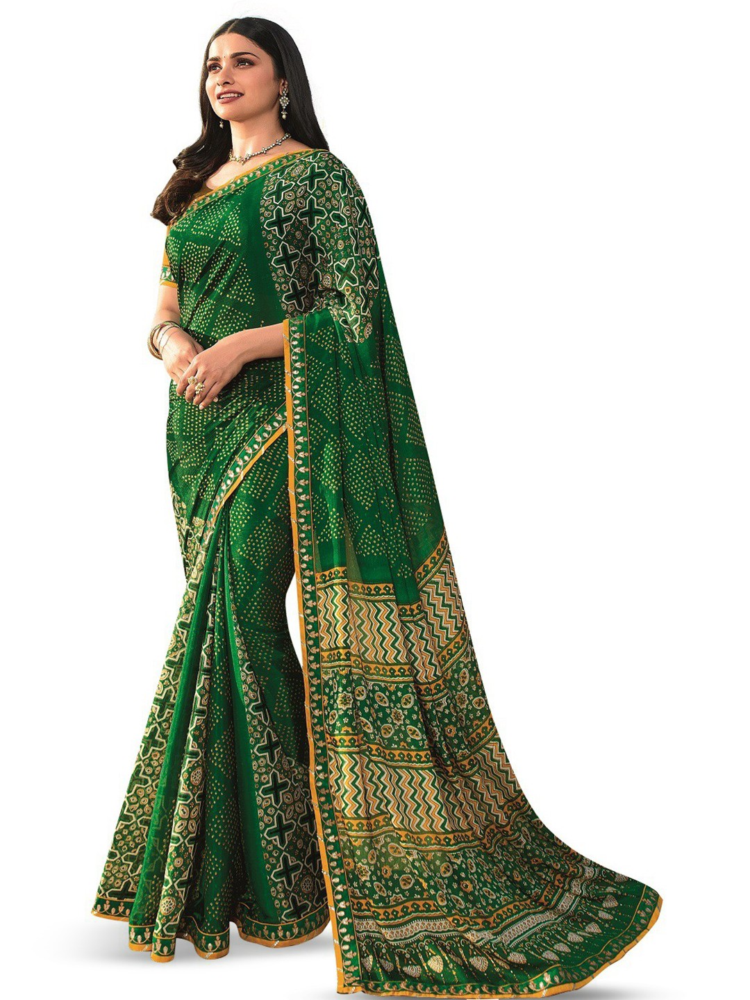 

ROOP SUNDARI SAREES Ethnic Motifs Printed Embroidered Georgette Saree, Green