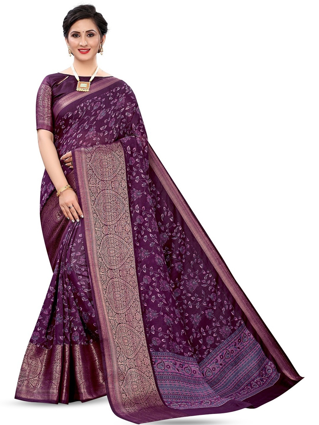 

ROOP SUNDARI SAREES Floral Printed Zari Georgette Saree, Purple