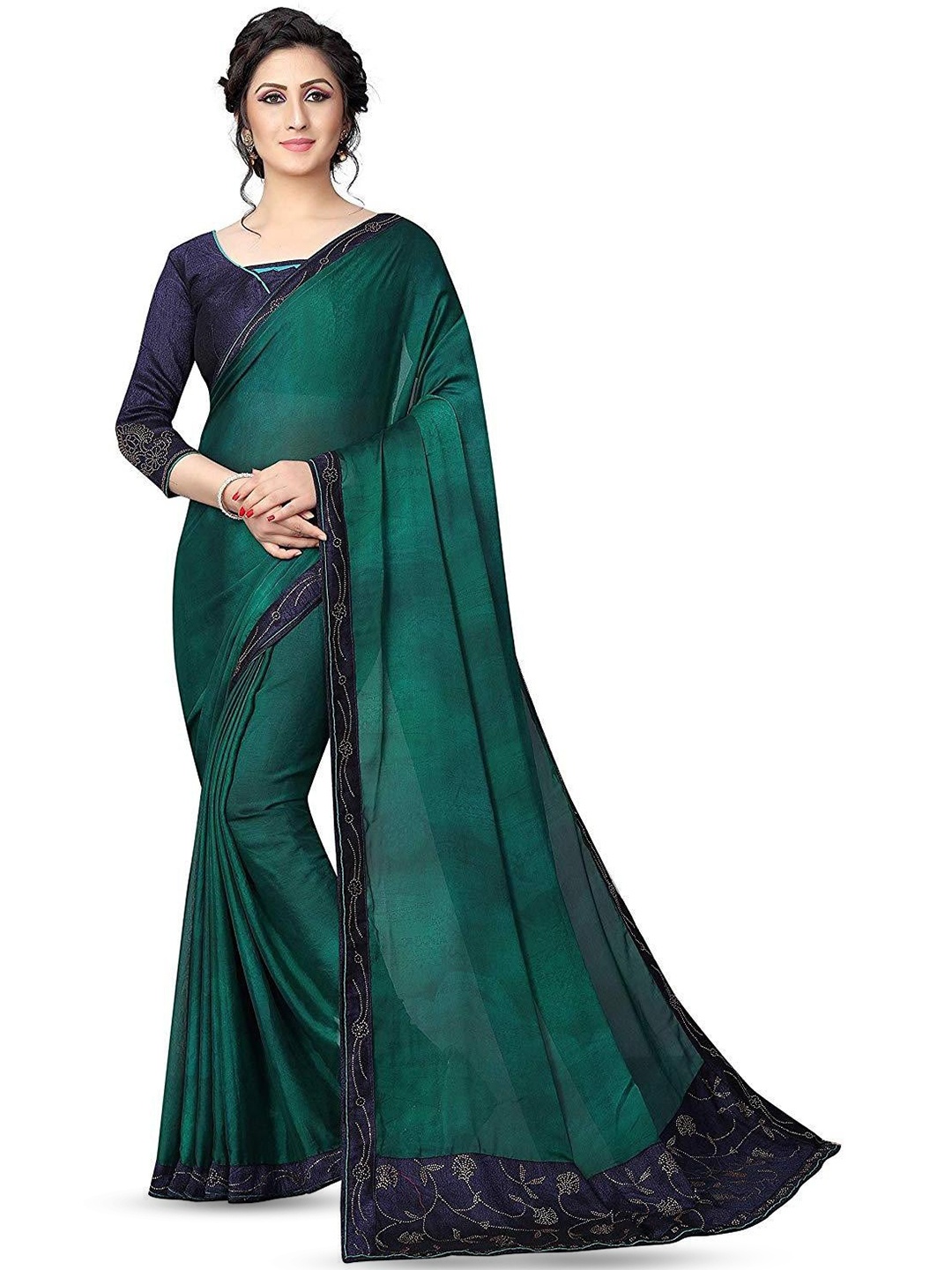 

ROOP SUNDARI SAREES Floral Embellished Beads & Stones Georgette Saree, Green