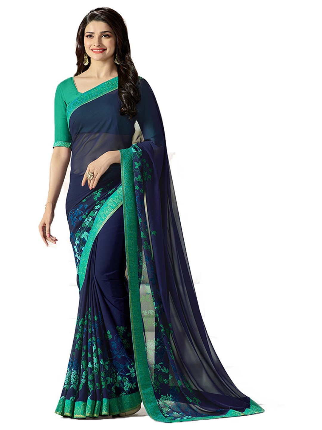 

ROOP SUNDARI SAREES Floral Printed Pure Georgette Saree, Blue