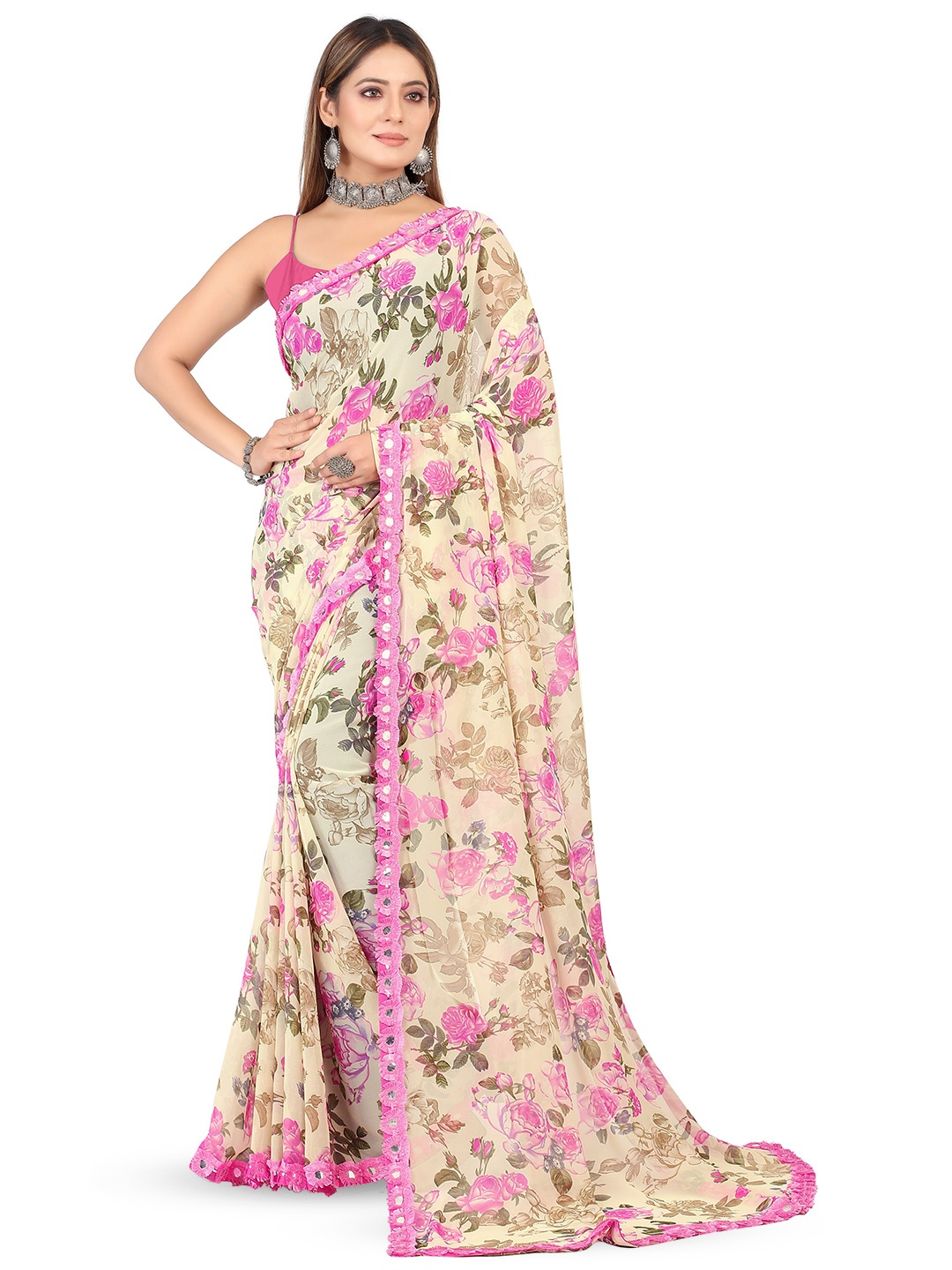 

ROOP SUNDARI SAREES Floral Printed Mirror Work Pure Georgette Saree, Beige