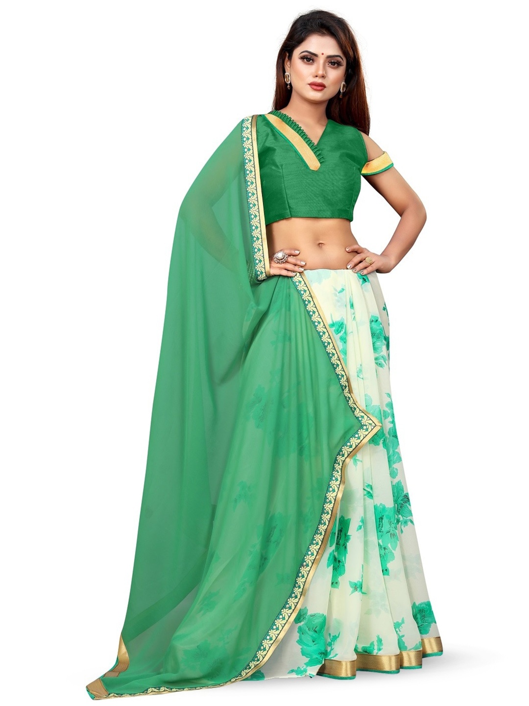 

ROOP SUNDARI SAREES Floral Printed Pure Georgette Saree, Green