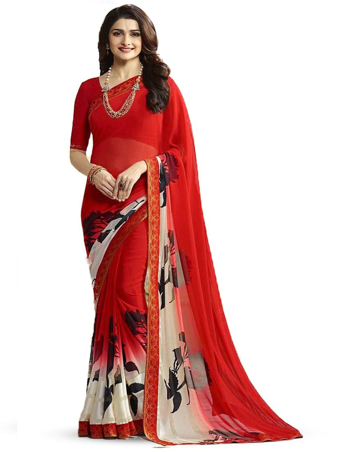 

ROOP SUNDARI SAREES Floral Pure Georgette Saree, Red