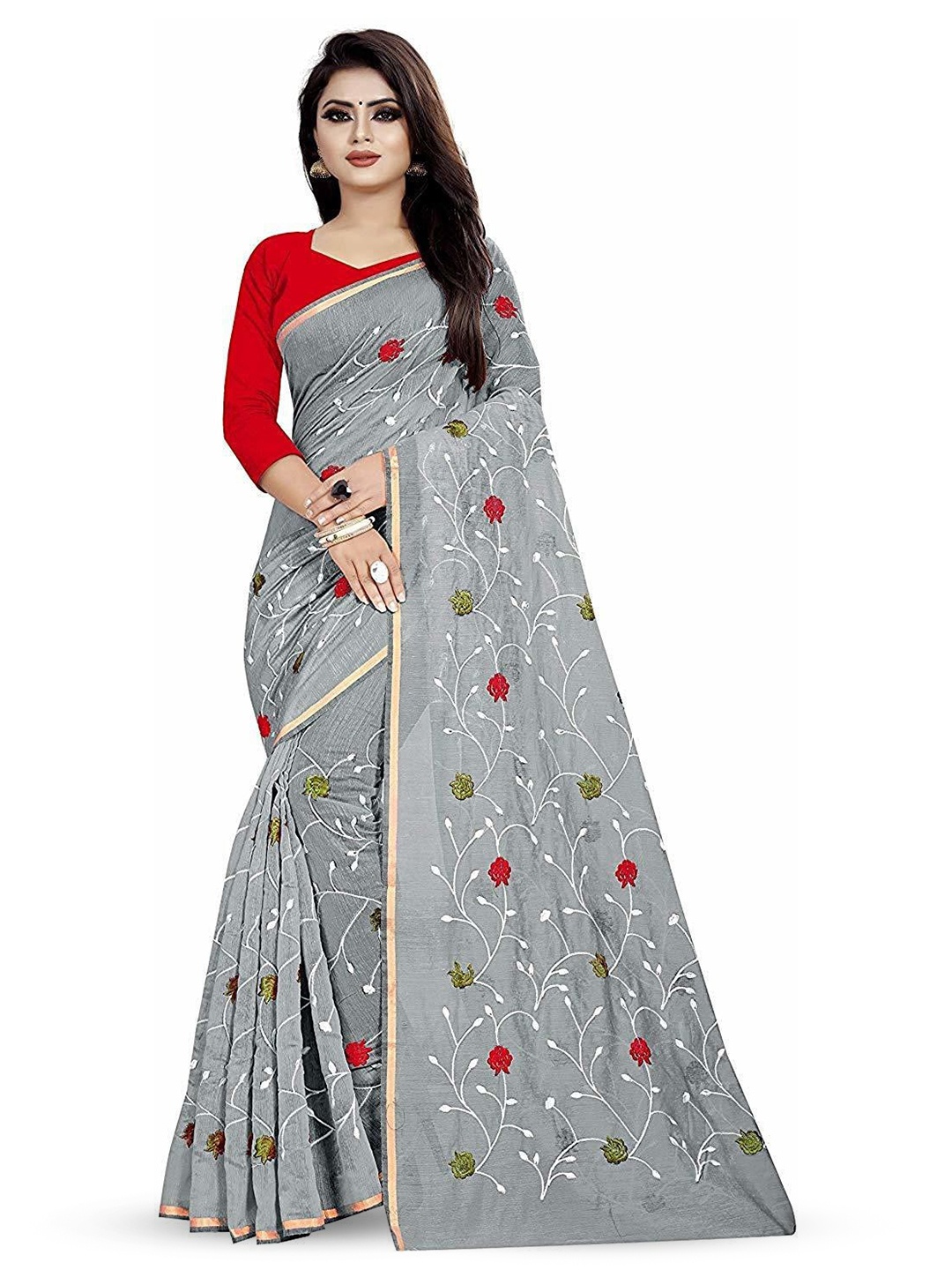 

ROOP SUNDARI SAREES Floral Zari Saree, Grey