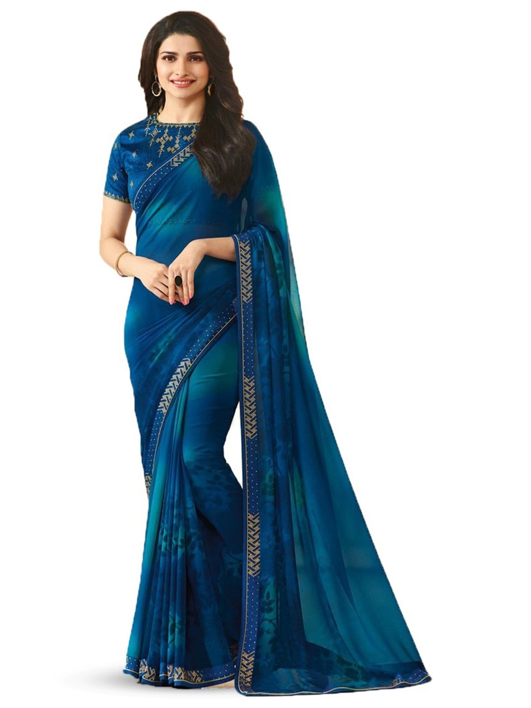 

ROOP SUNDARI SAREES Floral Pure Georgette Saree, Blue