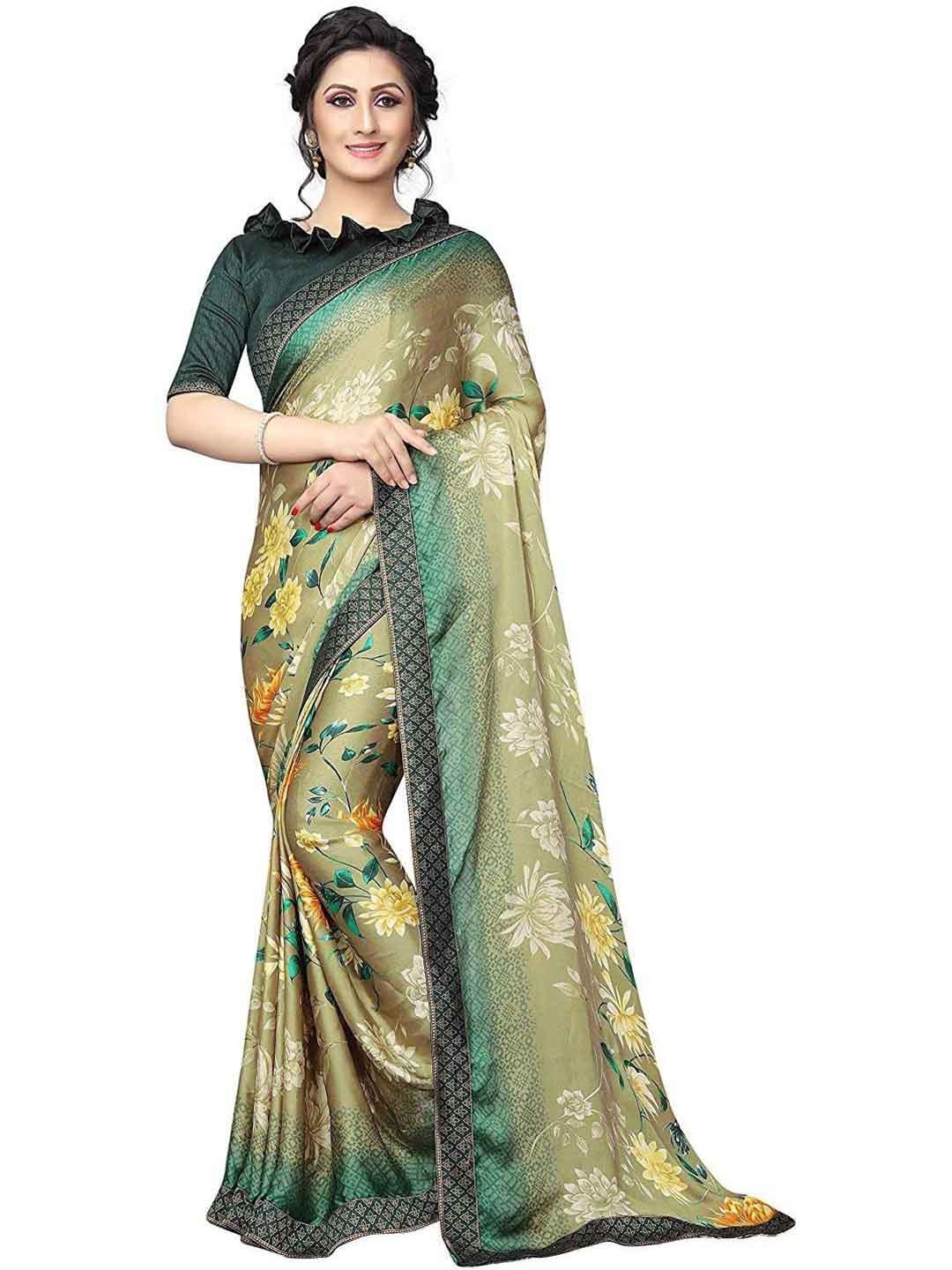 

ROOP SUNDARI SAREES Floral Printed Pure Silk Saree, Green