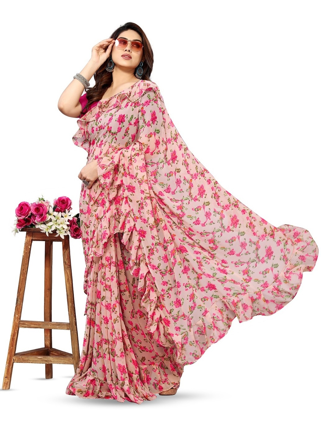 

ROOP SUNDARI SAREES Floral Printed Pure Georgette Saree, Pink