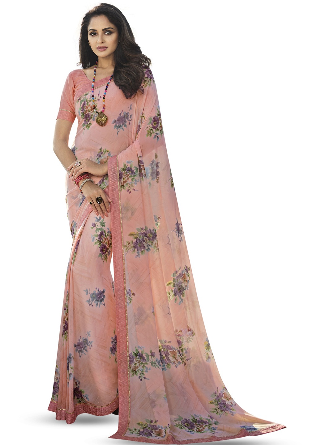 

ROOP SUNDARI SAREES Floral Printed Pure Georgette Saree, Peach