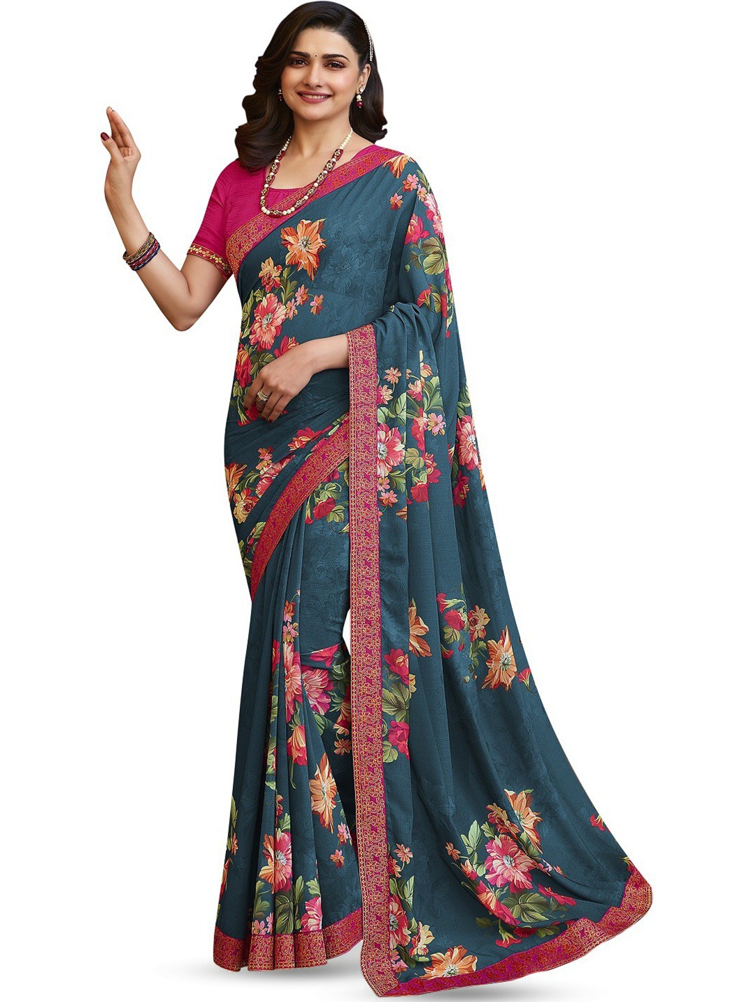 ROOP SUNDARI SAREES Floral Printed Zari Pure Georgette Celebrity Saree, Green