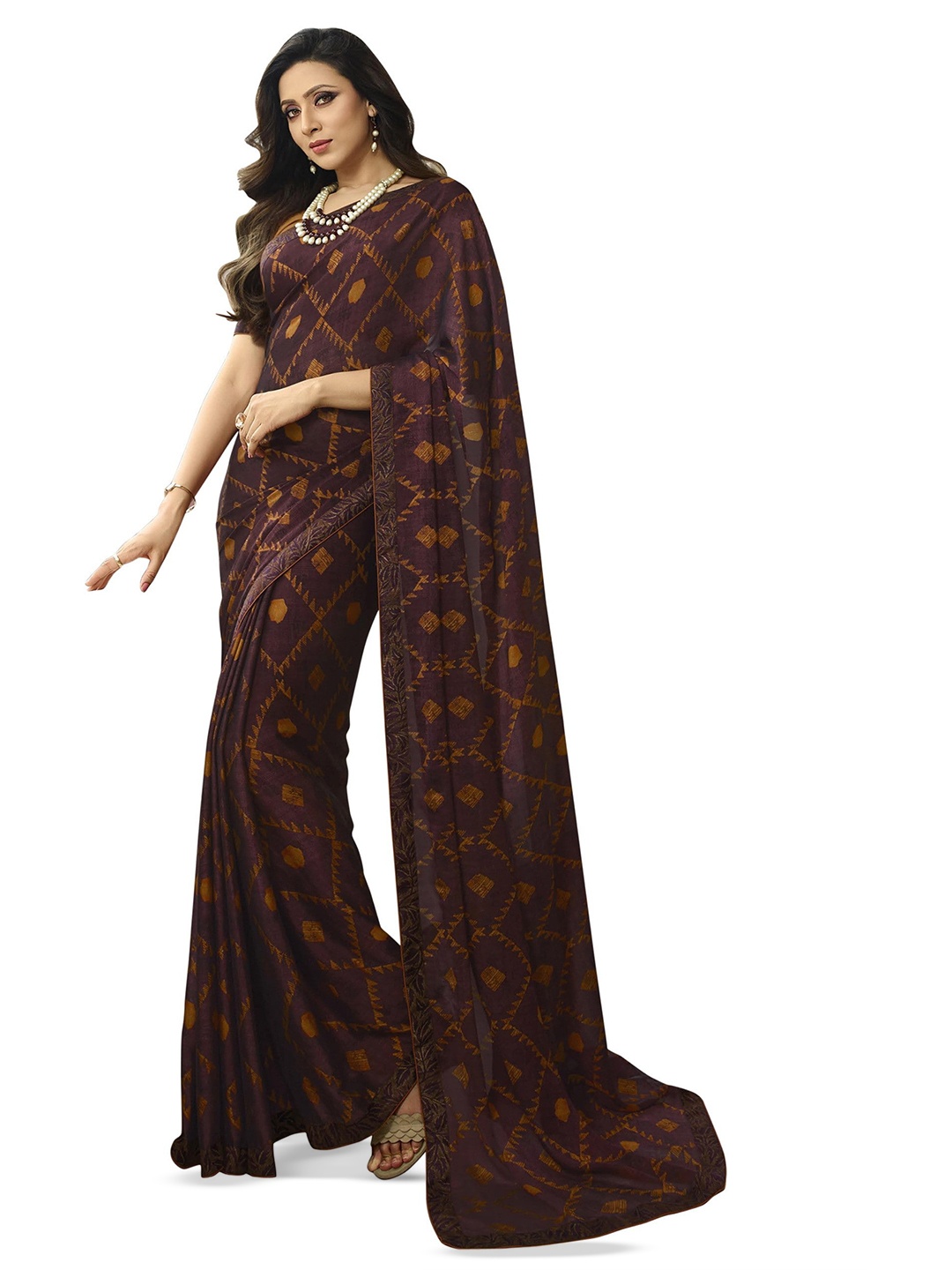 

ROOP SUNDARI SAREES Geometric Printed Pure Georgette Saree, Mustard